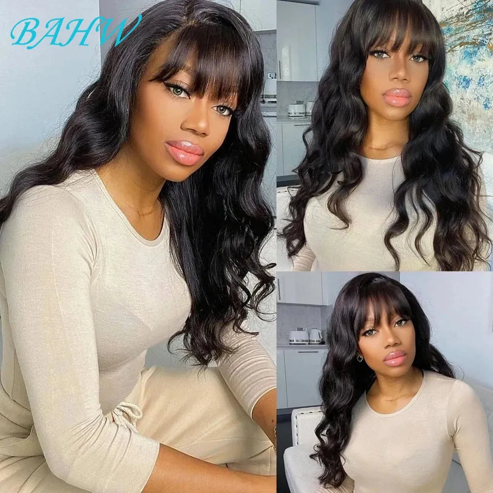 12A Malaysian Body Wave Human Hair Wigs With Bang Full Machine Made Wig 30inch Natural Color Glueless Virgin Human Hair Wigs