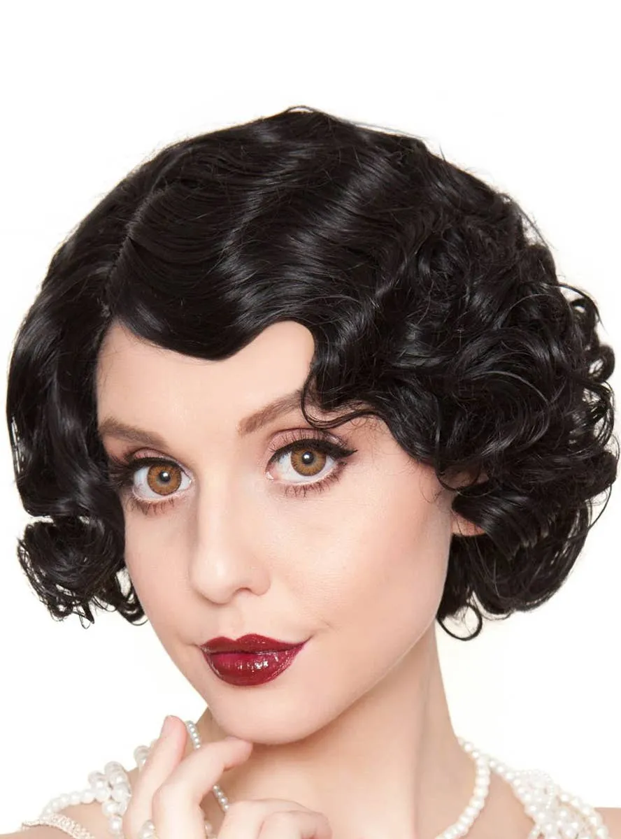 1920s Flapper Finger Waves Womens Black Costume Wig