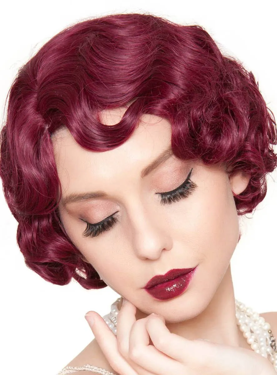 1920s Flapper Finger Waves Womens Burgundy Red Costume Wig