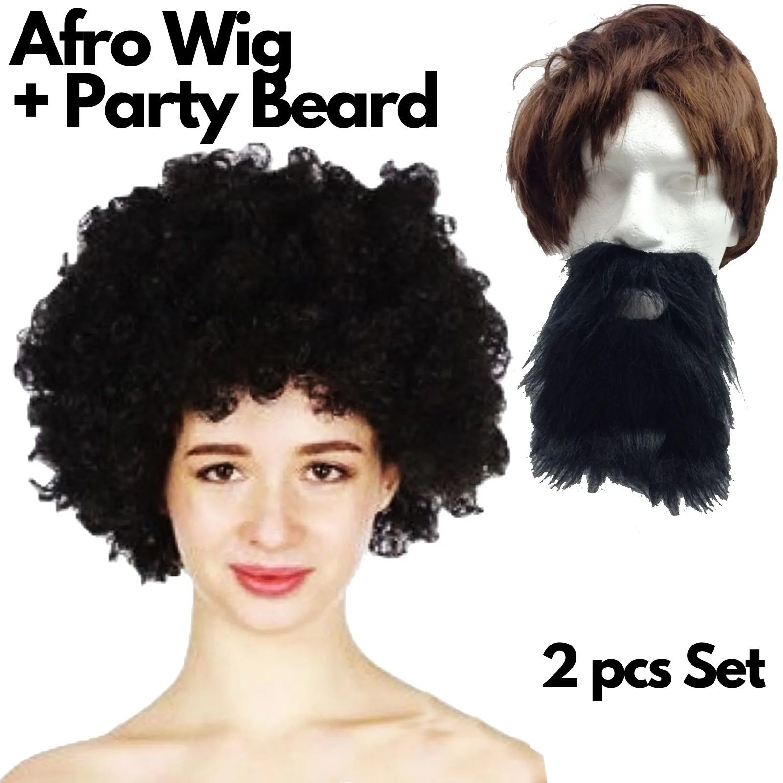 2pc Set Black Jumbo Afro Wig   Party Beard Moustache Costume Fancy Dress Fake Hair