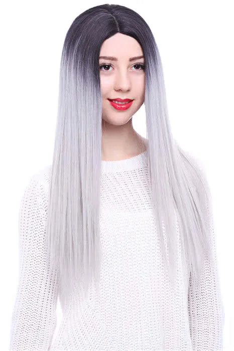 65cm Black Mixed White Long Straight  Invisible Lace Wig