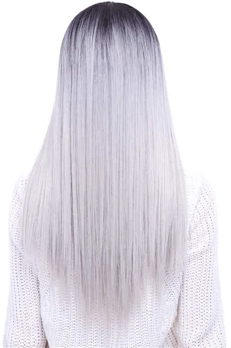 65cm Black Mixed White Long Straight  Invisible Lace Wig