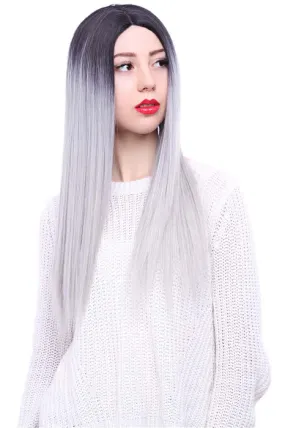 65cm Black Mixed White Long Straight  Invisible Lace Wig