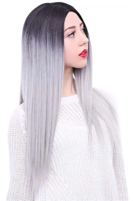 65cm Black Mixed White Long Straight  Invisible Lace Wig