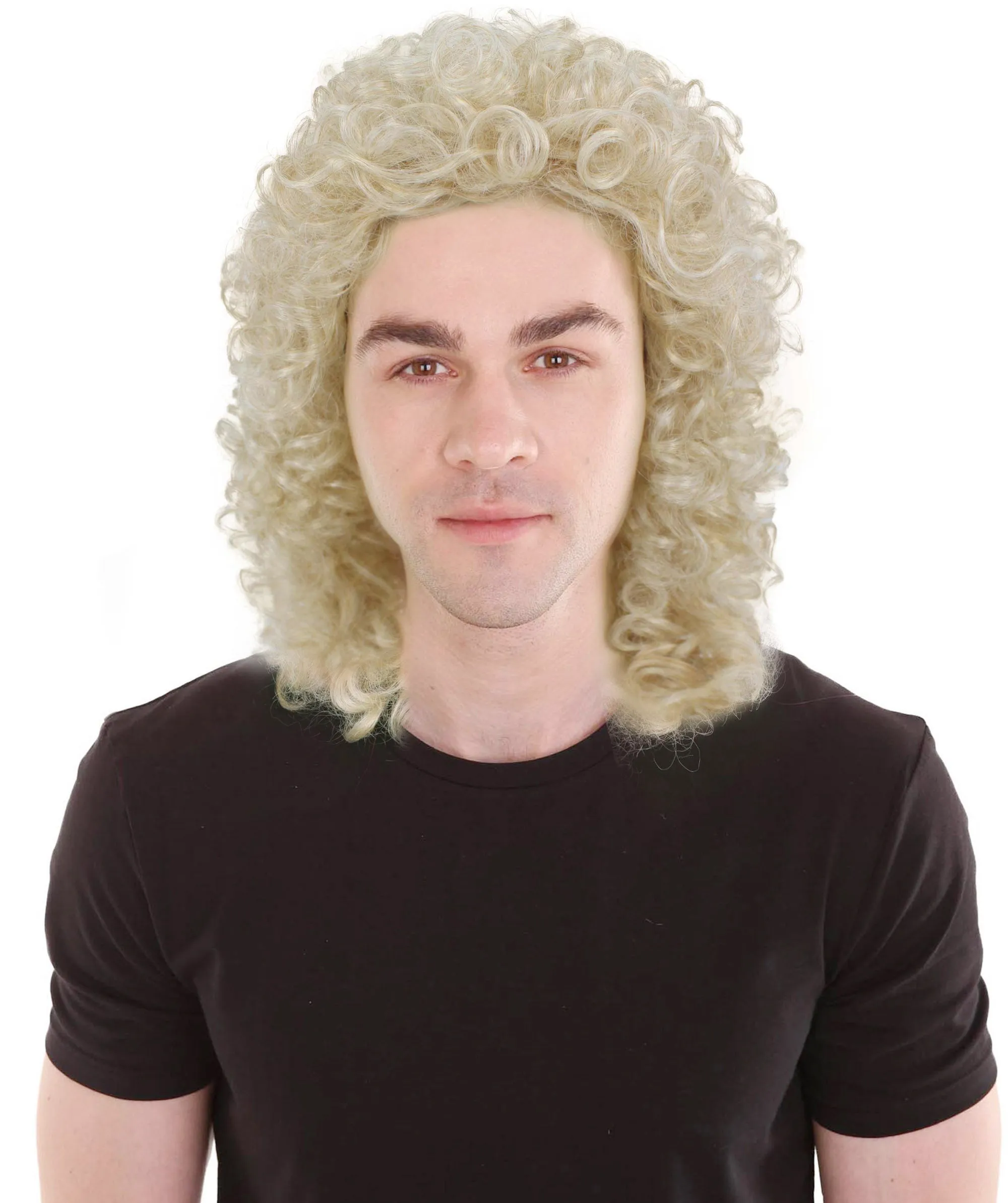 Adult Men’s Classic Long Curly Blond Singer Wig, Breathable Capless Cap, Flame-retardant Synthetic Fiber