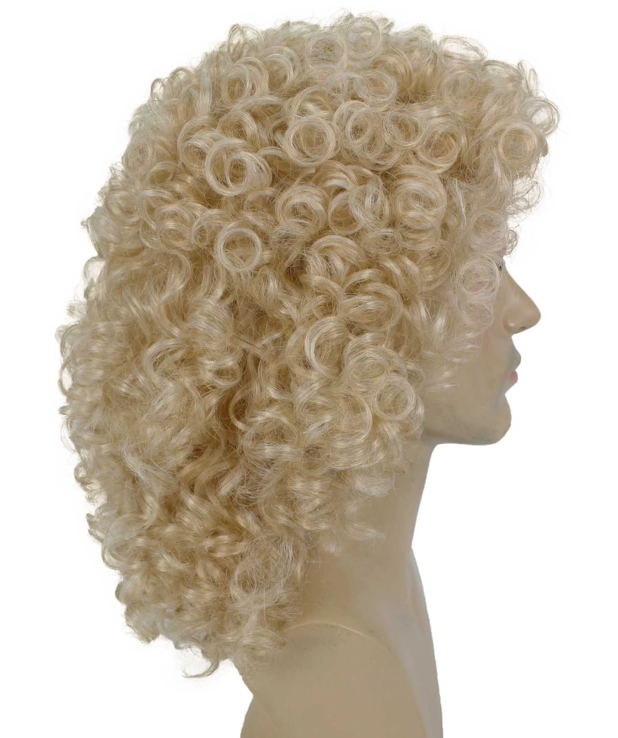 Adult Men’s Classic Long Curly Blond Singer Wig, Breathable Capless Cap, Flame-retardant Synthetic Fiber