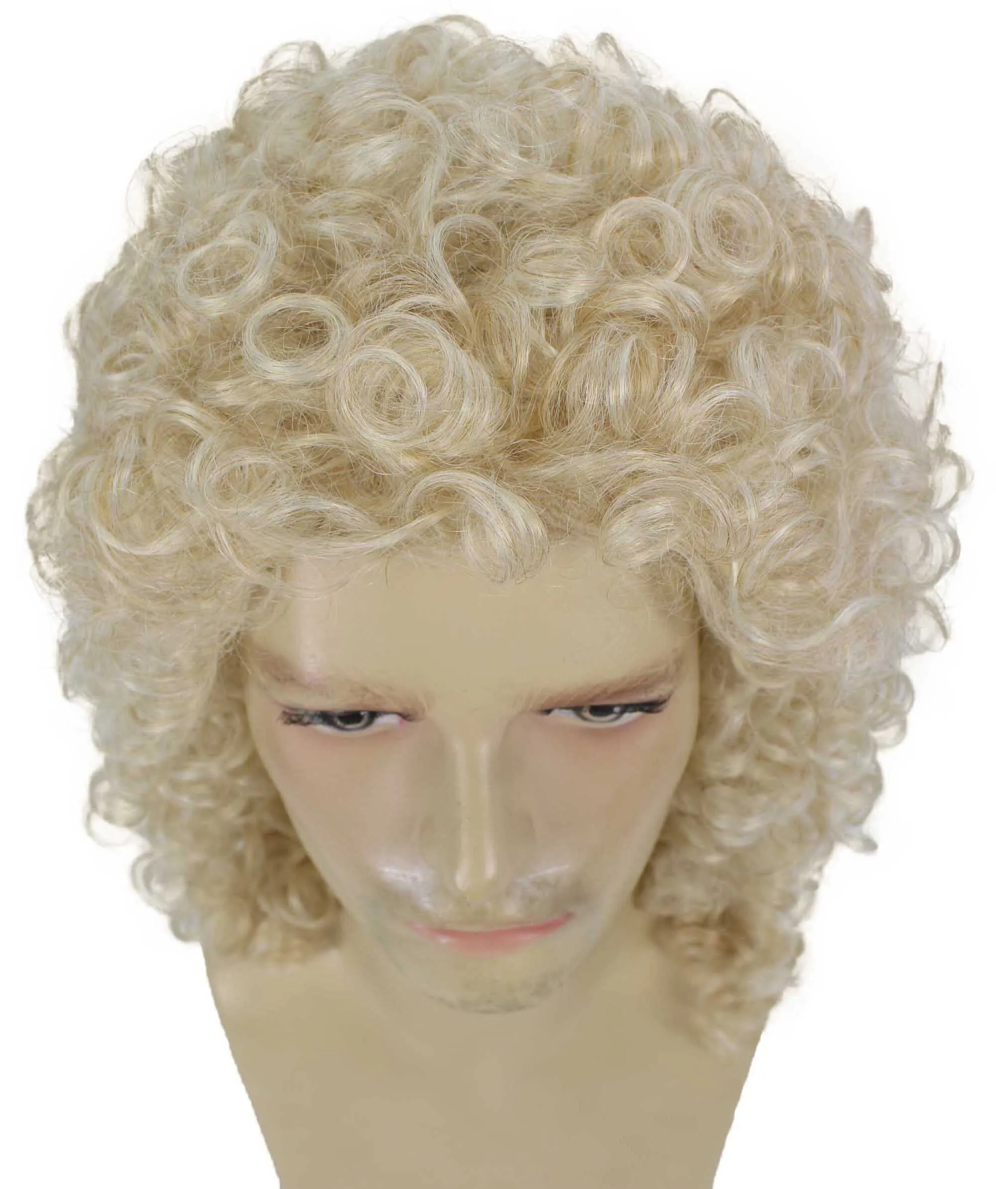 Adult Men’s Classic Long Curly Blond Singer Wig, Breathable Capless Cap, Flame-retardant Synthetic Fiber