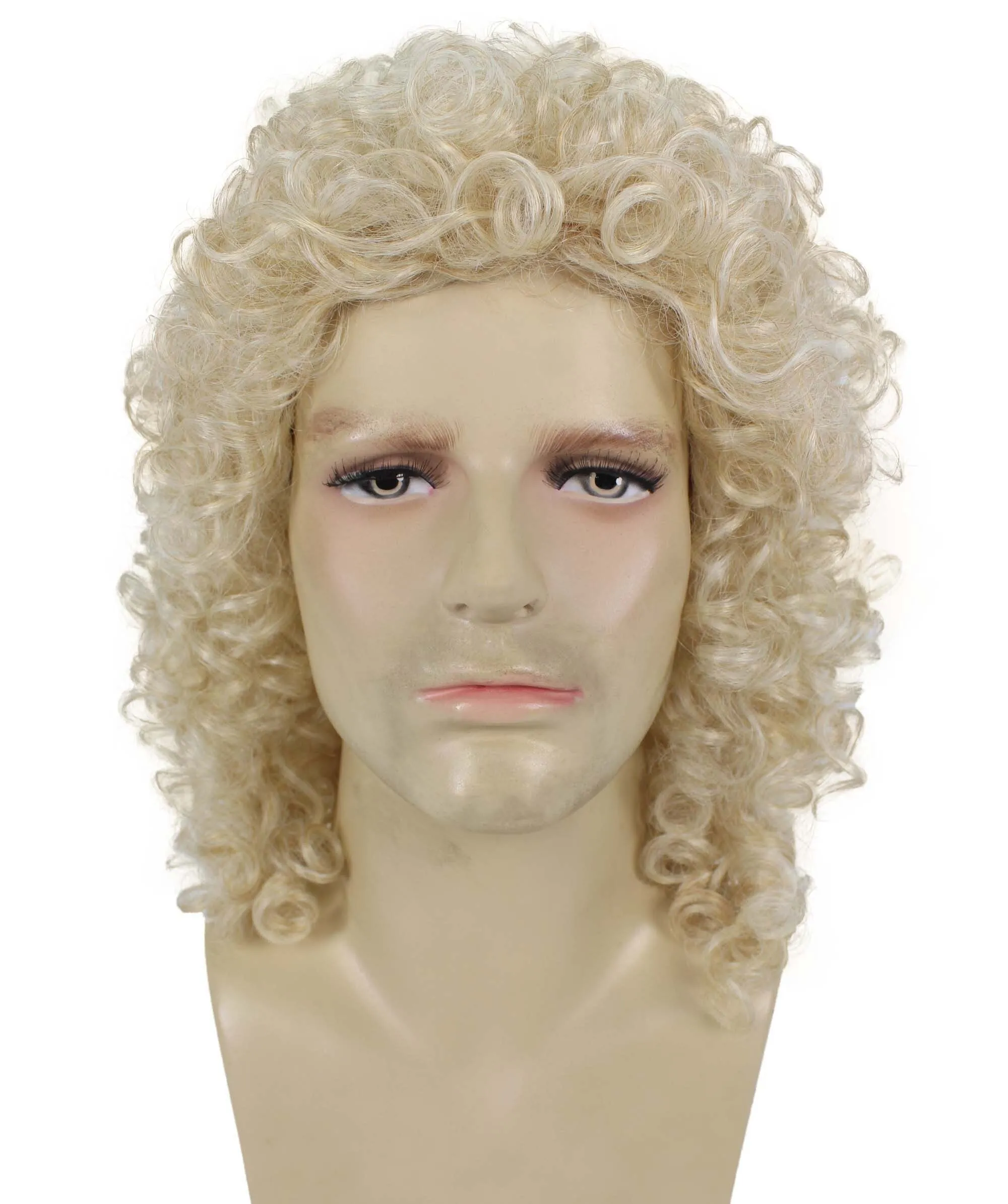 Adult Men’s Classic Long Curly Blond Singer Wig, Breathable Capless Cap, Flame-retardant Synthetic Fiber