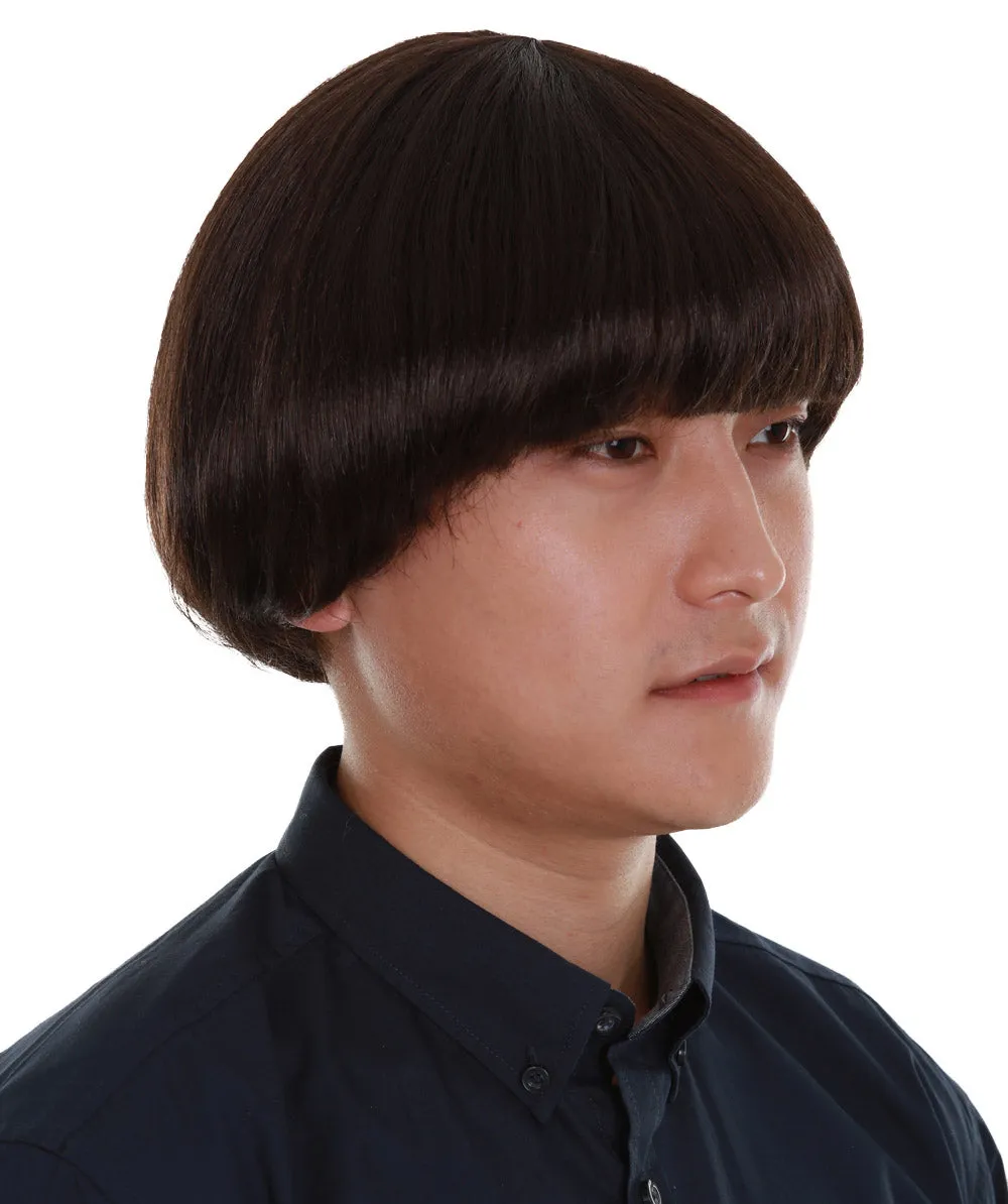 Adult Men's Dark Brown Color Straight Retro Bowl Wig.