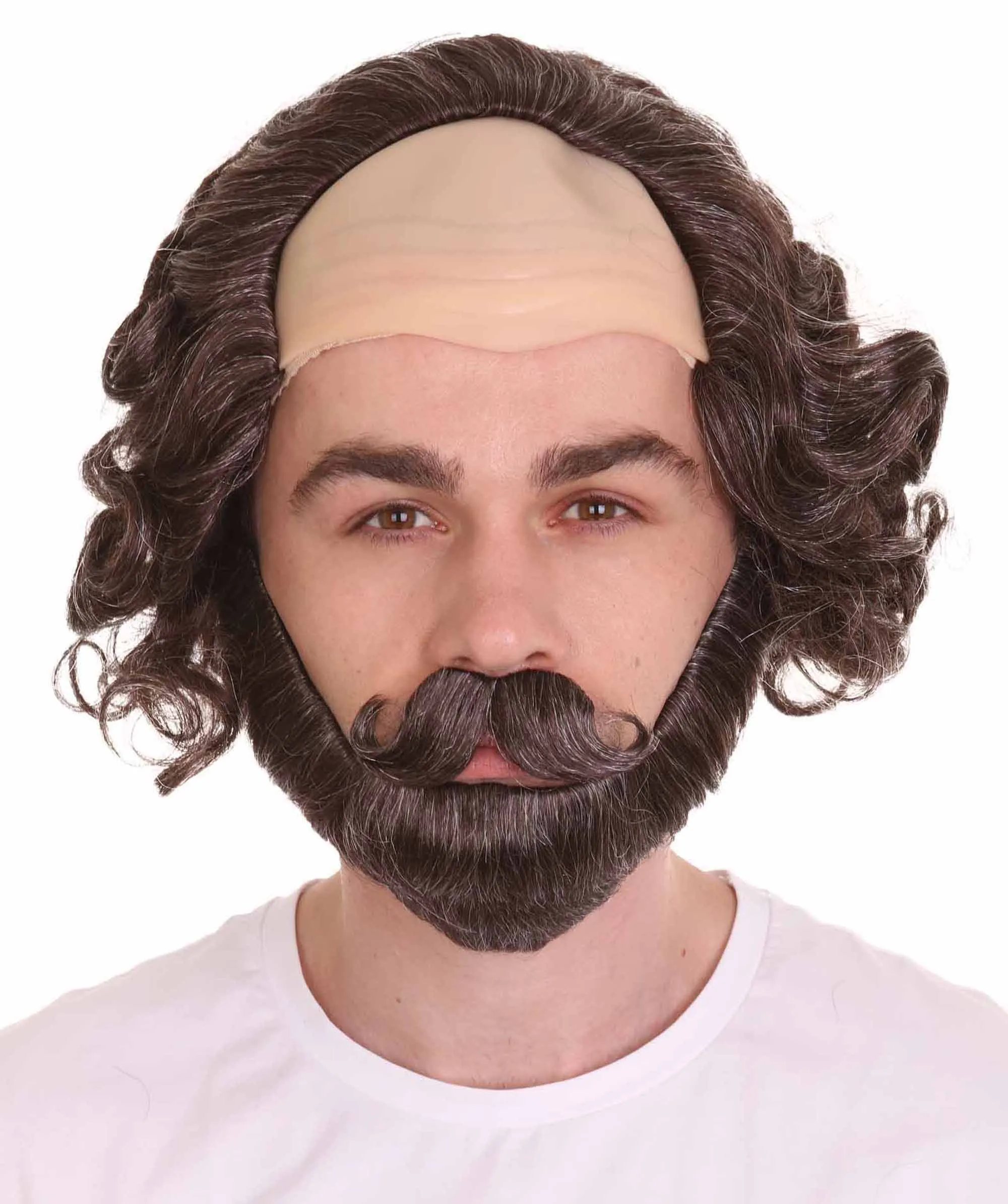 Adult Men's Greatest English Playwright & Poet Half-bald Wig, Brown Curly Hair, Flame-retardant Synthetic Fiber