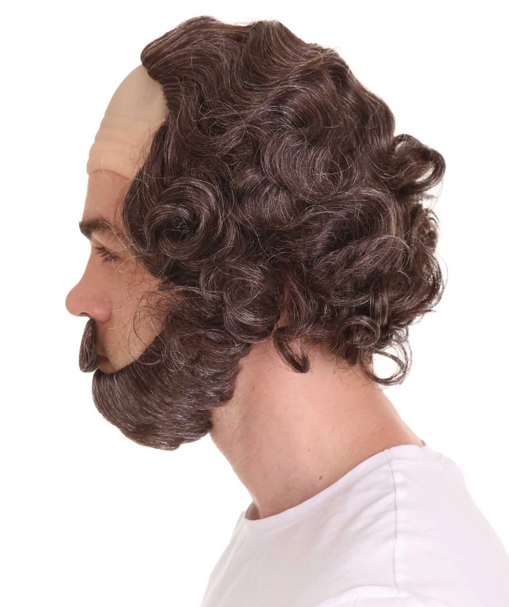 Adult Men's Greatest English Playwright & Poet Half-bald Wig, Brown Curly Hair, Flame-retardant Synthetic Fiber