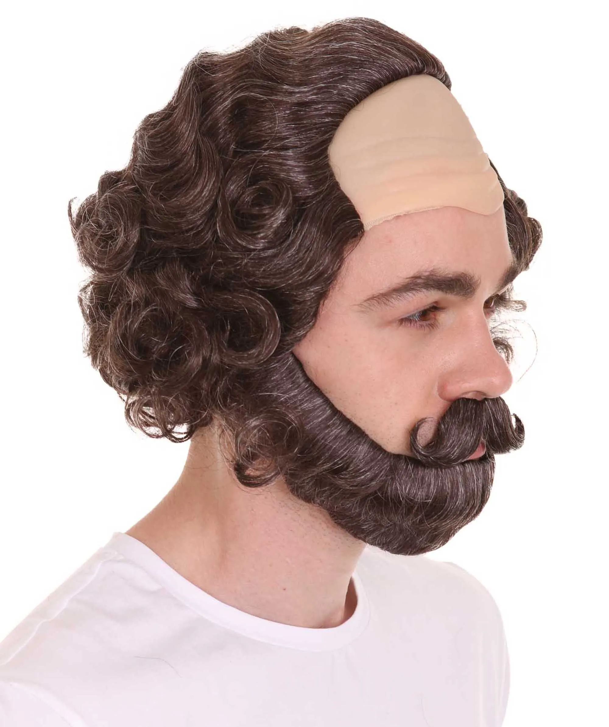 Adult Men's Greatest English Playwright & Poet Half-bald Wig, Brown Curly Hair, Flame-retardant Synthetic Fiber