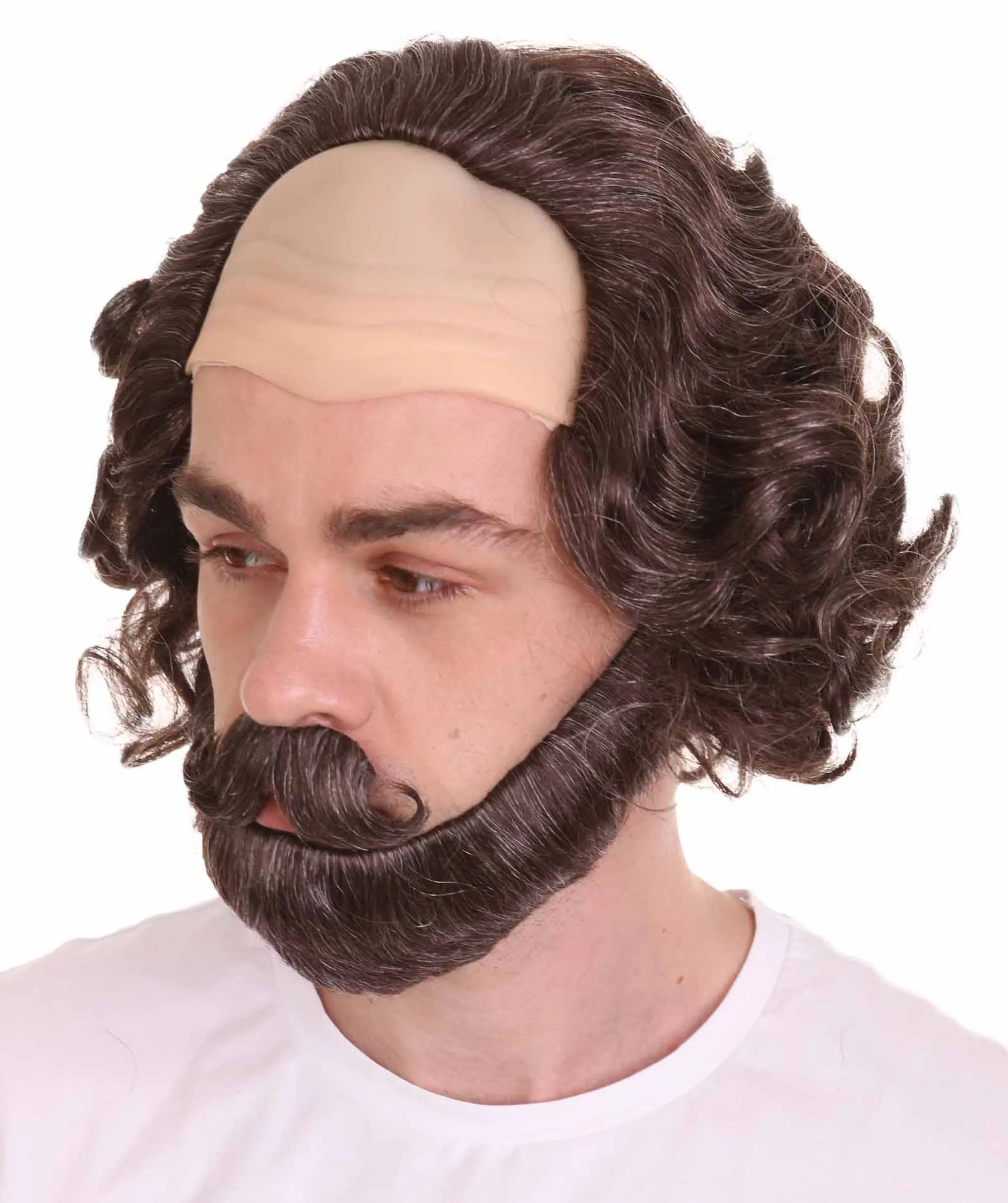 Adult Men's Greatest English Playwright & Poet Half-bald Wig, Brown Curly Hair, Flame-retardant Synthetic Fiber