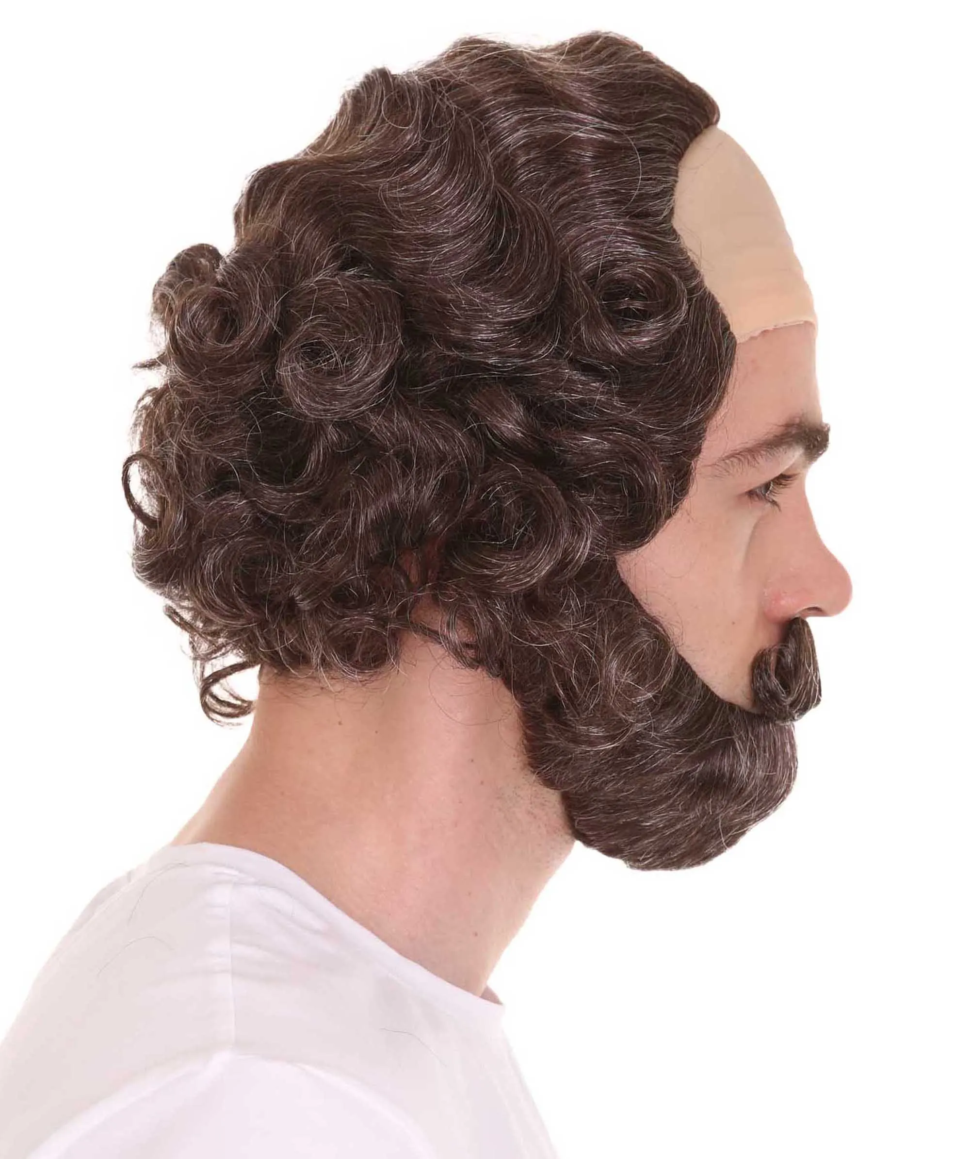 Adult Men's Greatest English Playwright & Poet Half-bald Wig, Brown Curly Hair, Flame-retardant Synthetic Fiber