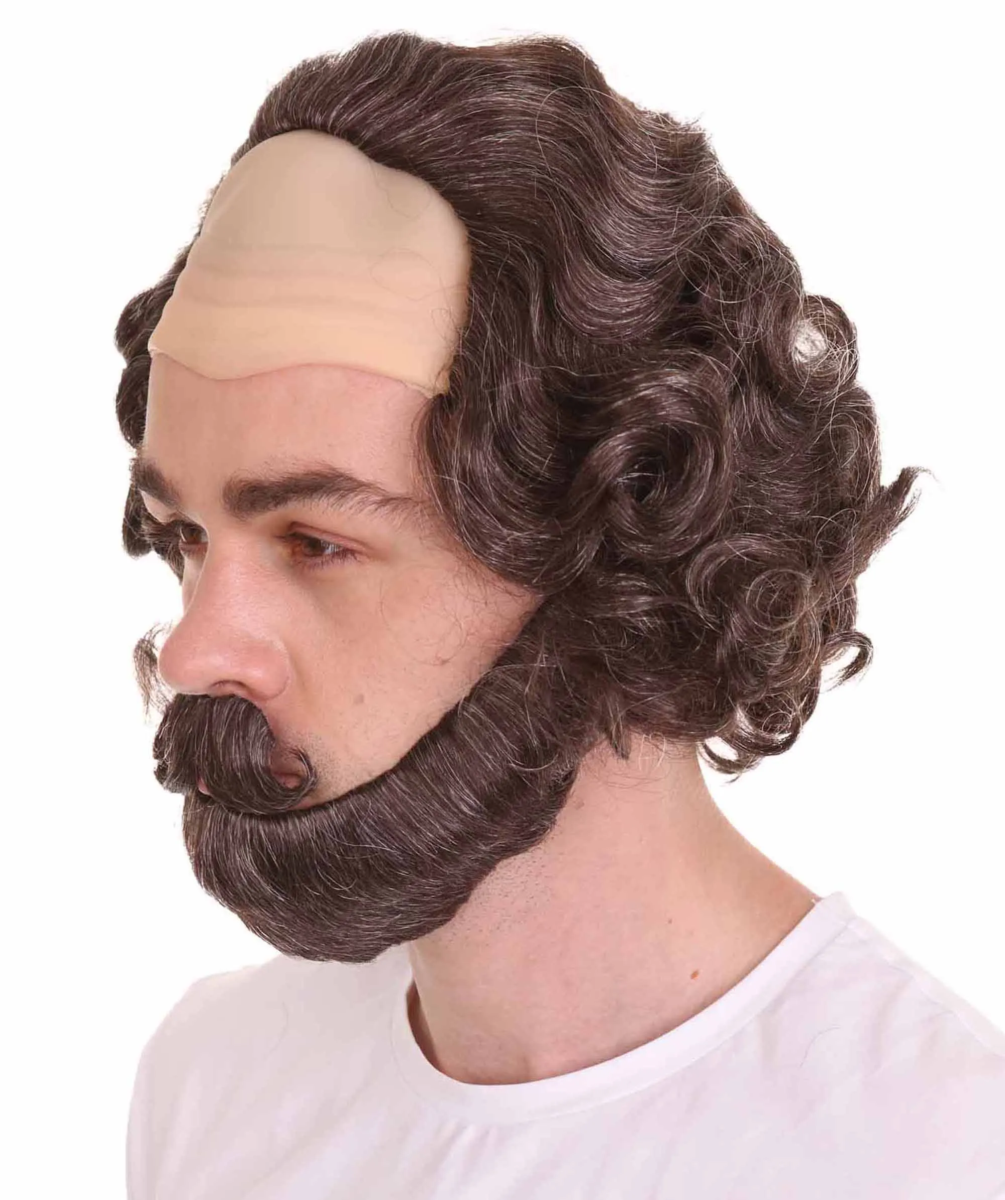 Adult Men's Greatest English Playwright & Poet Half-bald Wig, Brown Curly Hair, Flame-retardant Synthetic Fiber