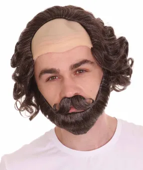 Adult Men's Greatest English Playwright & Poet Half-bald Wig, Brown Curly Hair, Flame-retardant Synthetic Fiber