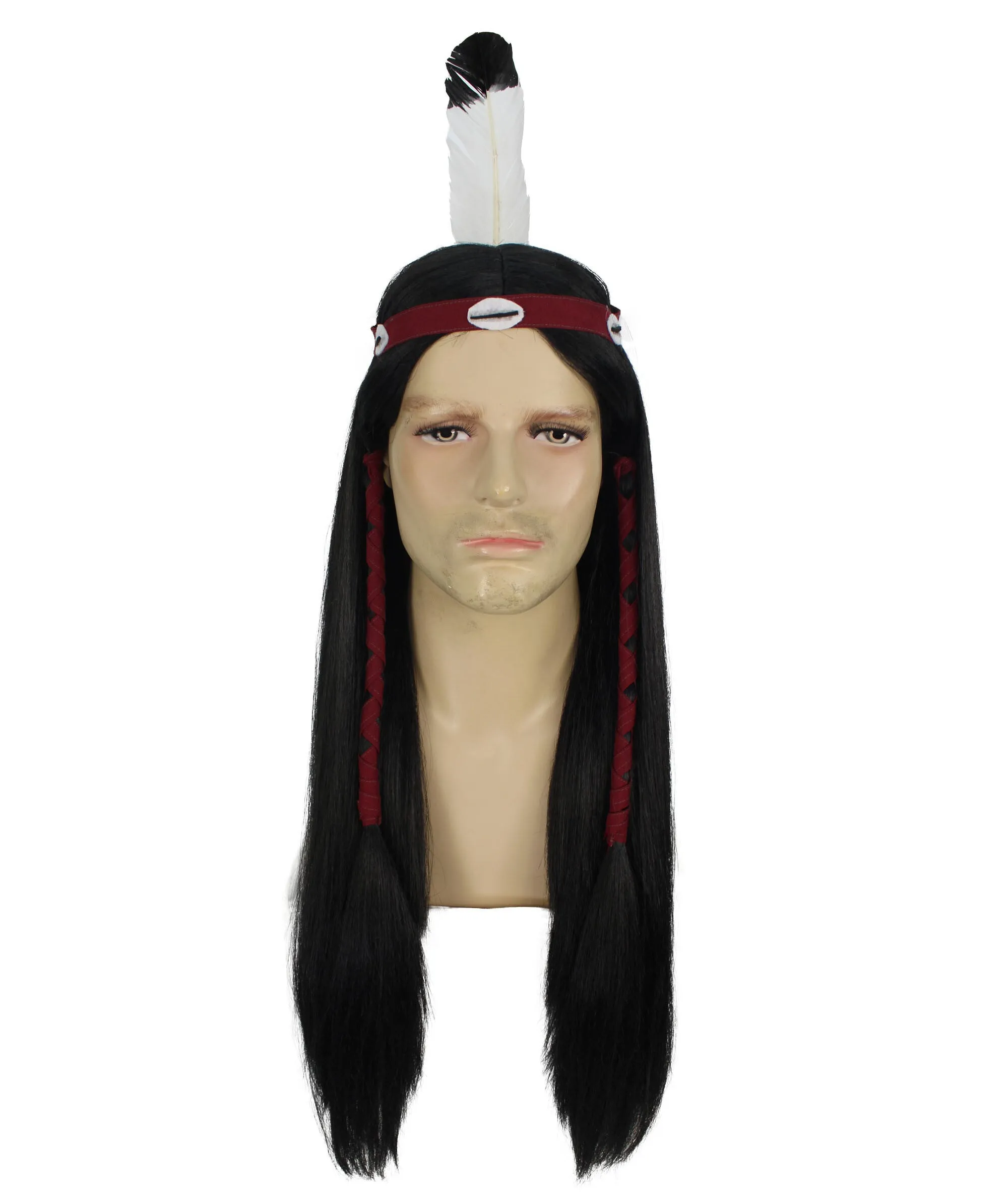 Adult Men’s Long Length Native American Wig I Black Color I  Breathable Capless Cap I Flame-retardant Synthetic Fiber
