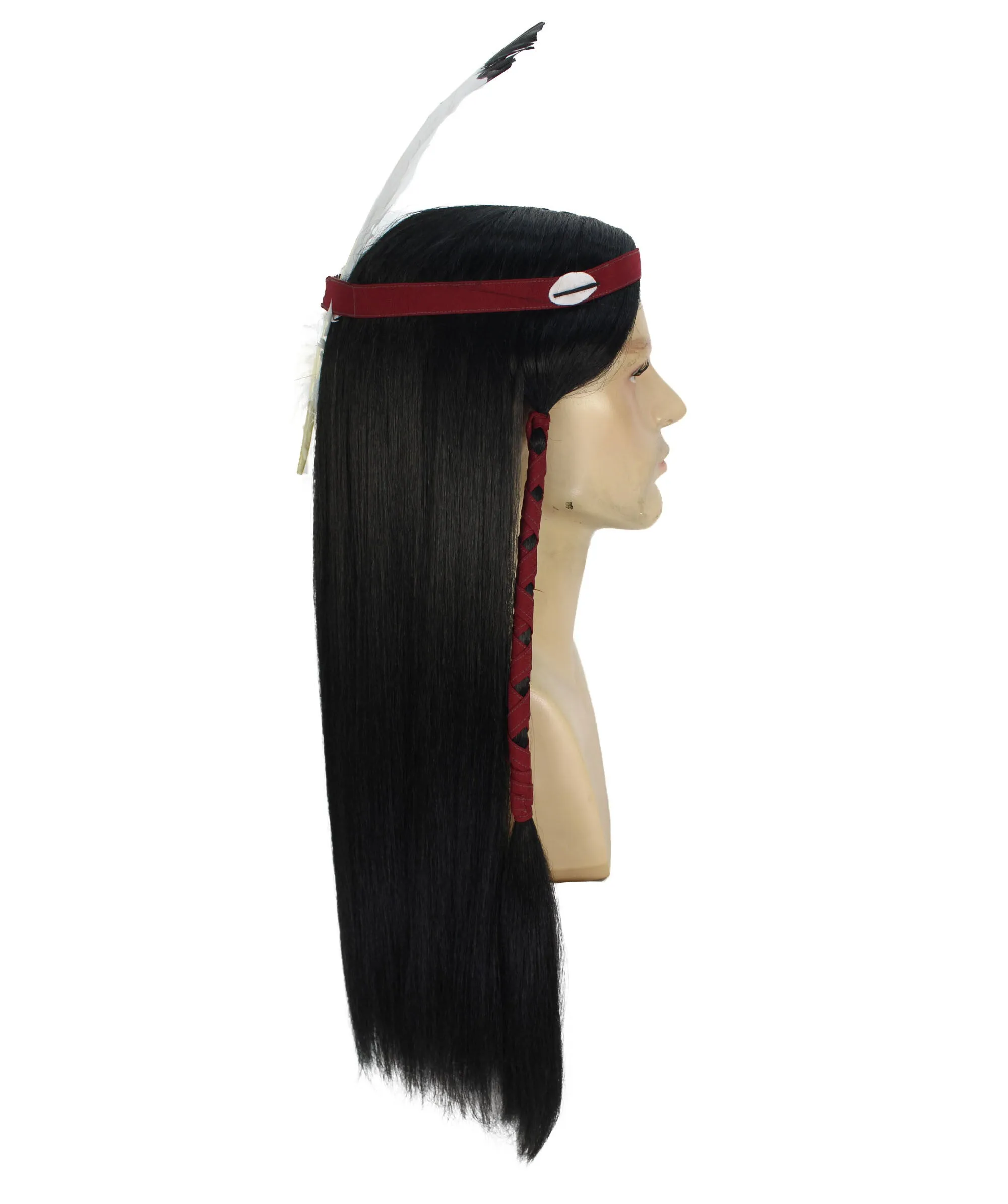 Adult Men’s Long Length Native American Wig I Black Color I  Breathable Capless Cap I Flame-retardant Synthetic Fiber