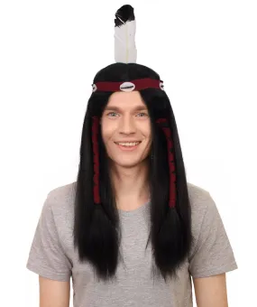 Adult Men’s Long Length Native American Wig I Black Color I  Breathable Capless Cap I Flame-retardant Synthetic Fiber