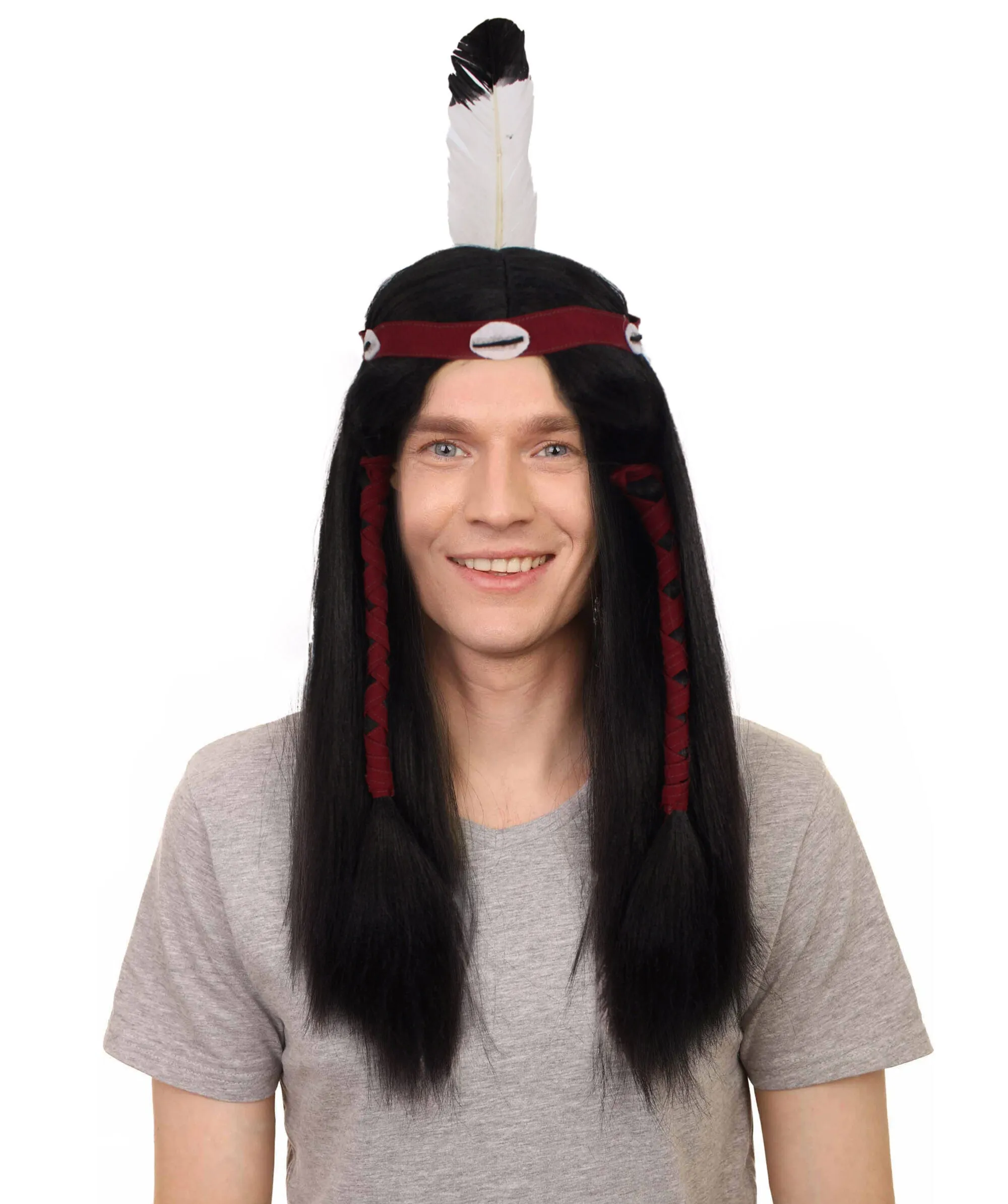 Adult Men’s Long Length Native American Wig I Black Color I  Breathable Capless Cap I Flame-retardant Synthetic Fiber