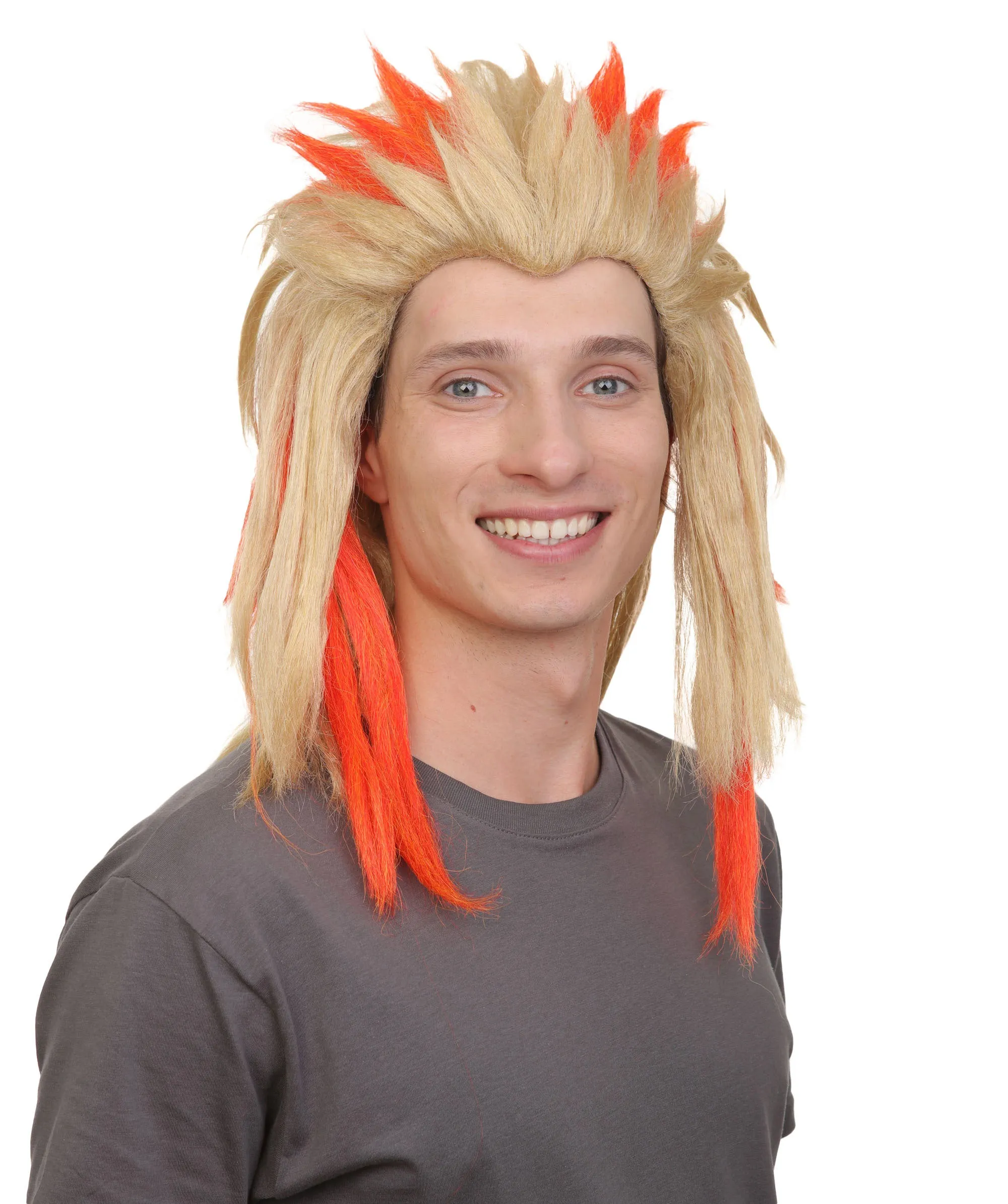 Adult Unisex Shaggy Choppy Layered Blonde with Orange Highlight Wig, Best for Halloween, Flame-retardant Synthetic Fiber