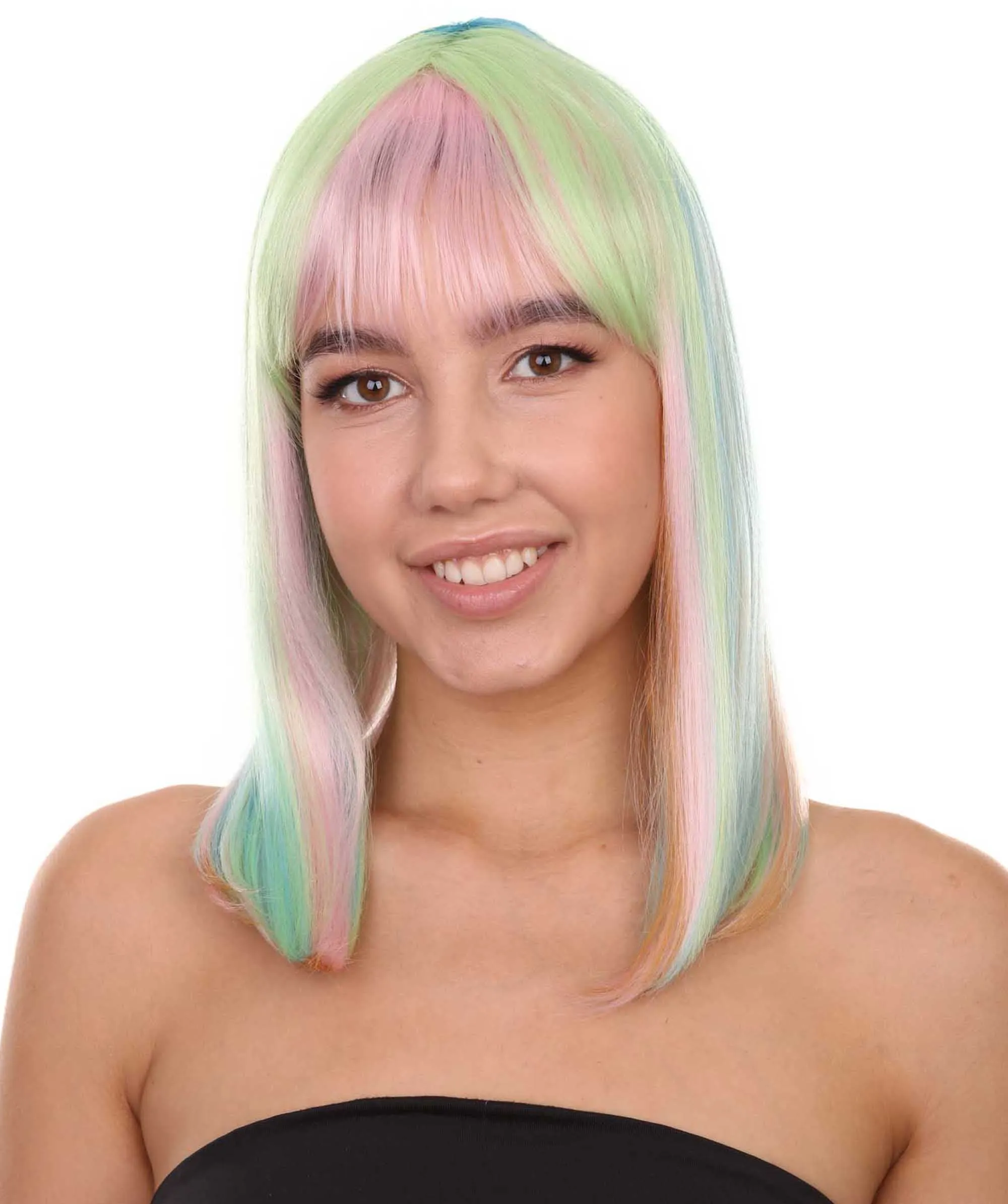 Adult Women's 14" Inch Medium Length Halloween Cosplay Rainbow Rave Mermaid Costume Wig, Synthetic Soft Fiber Hair, Perfect for your next Festival and Group Anime Party!  | HPO