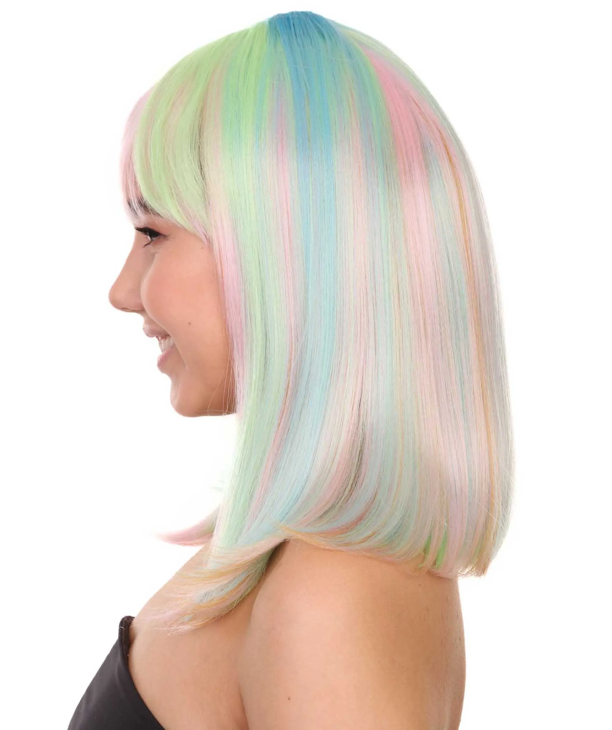 Adult Women's 14" Inch Medium Length Halloween Cosplay Rainbow Rave Mermaid Costume Wig, Synthetic Soft Fiber Hair, Perfect for your next Festival and Group Anime Party!  | HPO