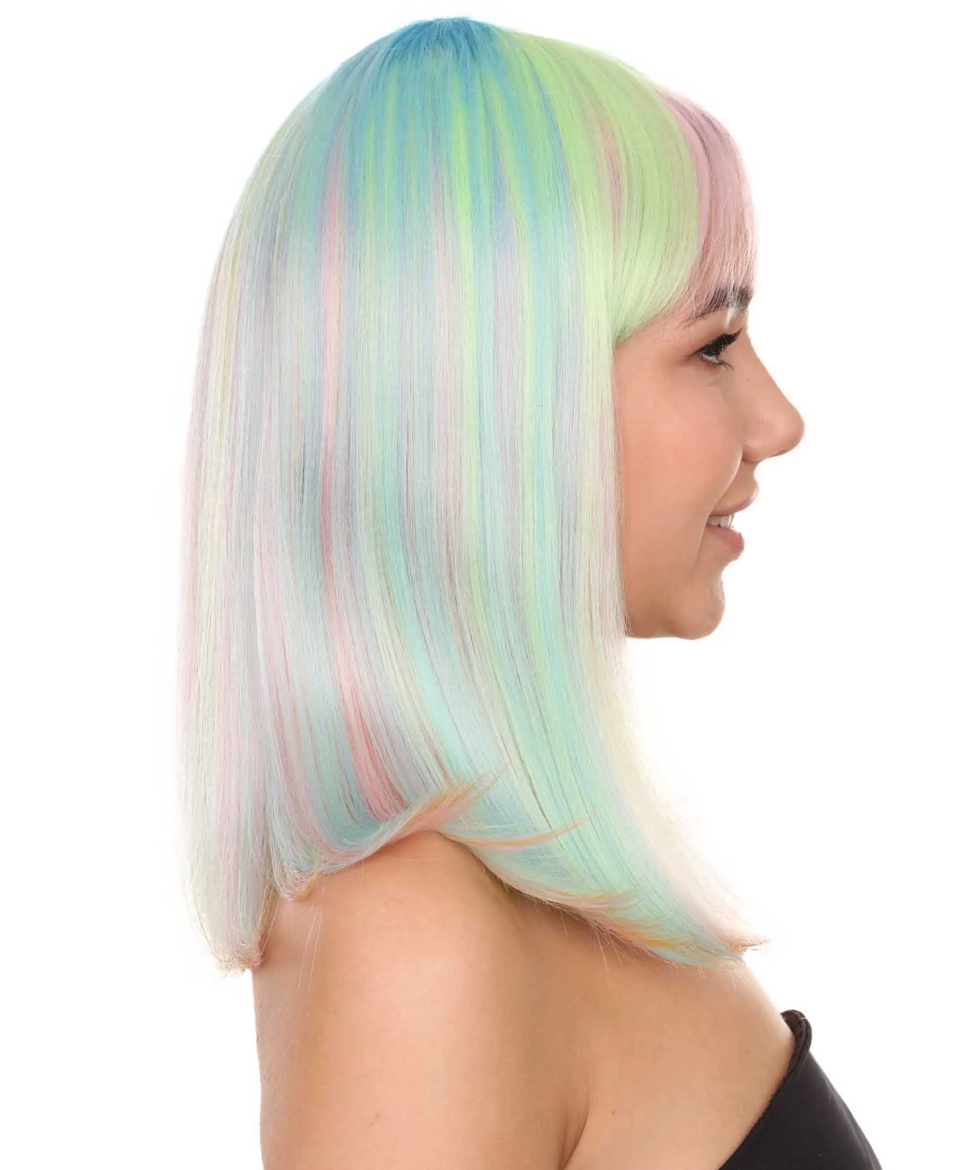 Adult Women's 14" Inch Medium Length Halloween Cosplay Rainbow Rave Mermaid Costume Wig, Synthetic Soft Fiber Hair, Perfect for your next Festival and Group Anime Party!  | HPO