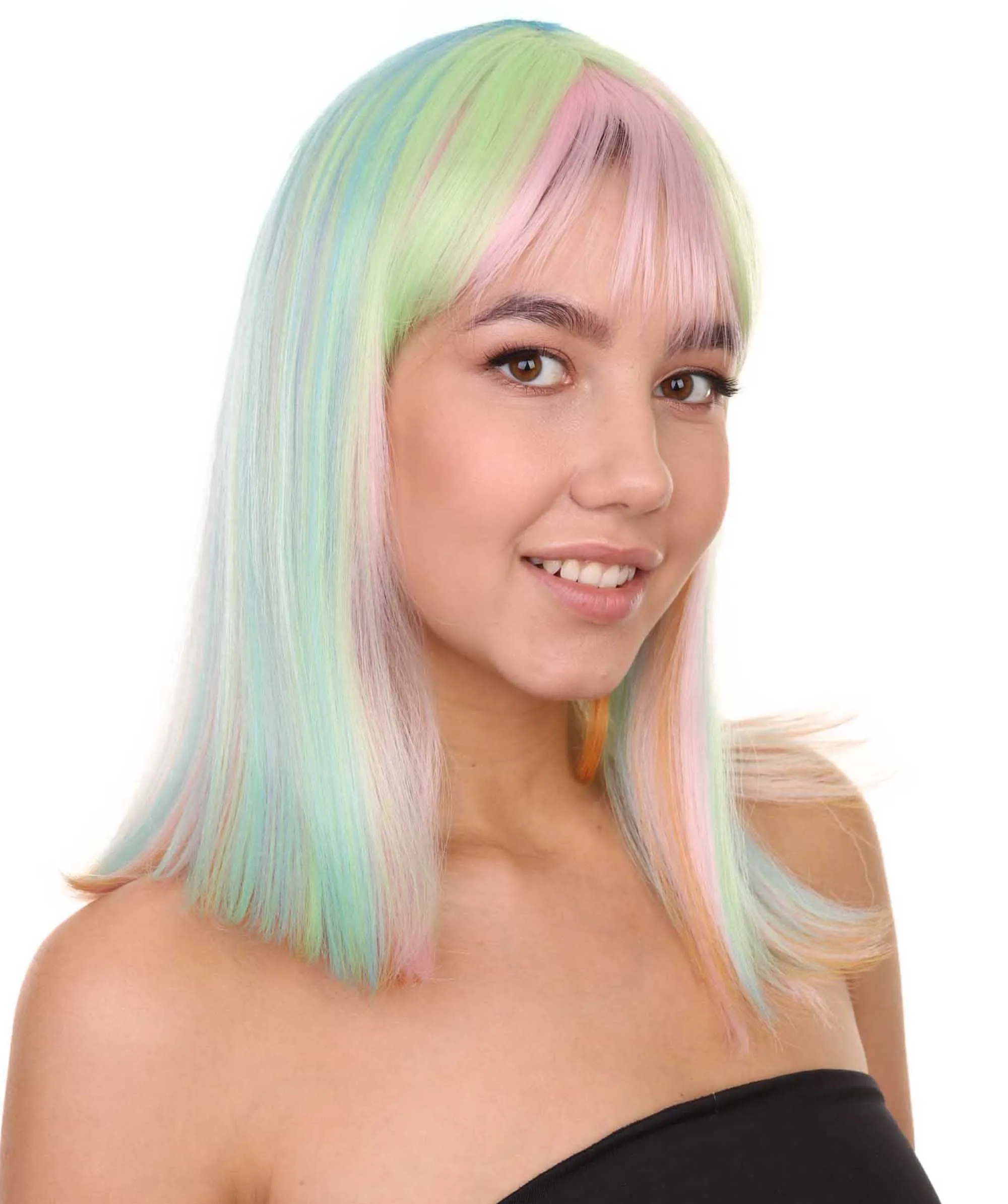 Adult Women's 14" Inch Medium Length Halloween Cosplay Rainbow Rave Mermaid Costume Wig, Synthetic Soft Fiber Hair, Perfect for your next Festival and Group Anime Party!  | HPO