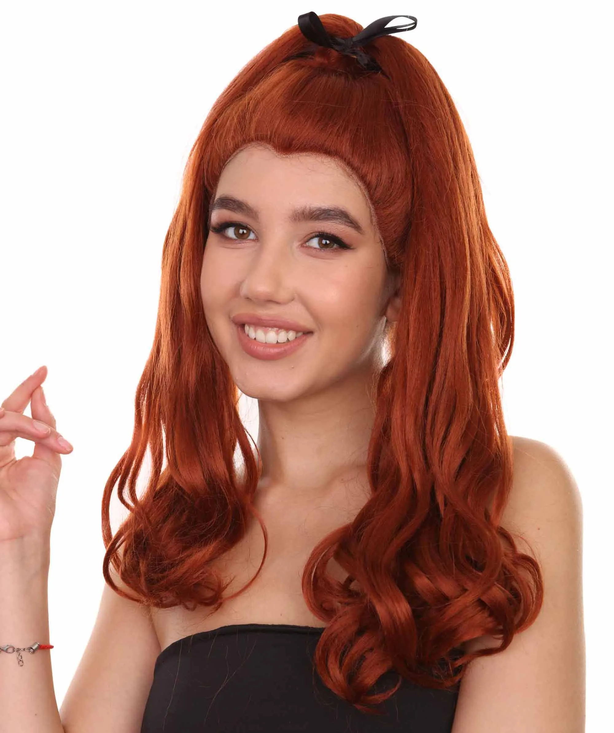 Adult Women's 20" Inch Long Length Wavy 360 Lace Front Natural Red Head Hairline Wig with Black Hair-Bow, 100% Heat Resistant Fibers, Perfect for your Everyday Wear and Styling to your Expectations! | Nunique