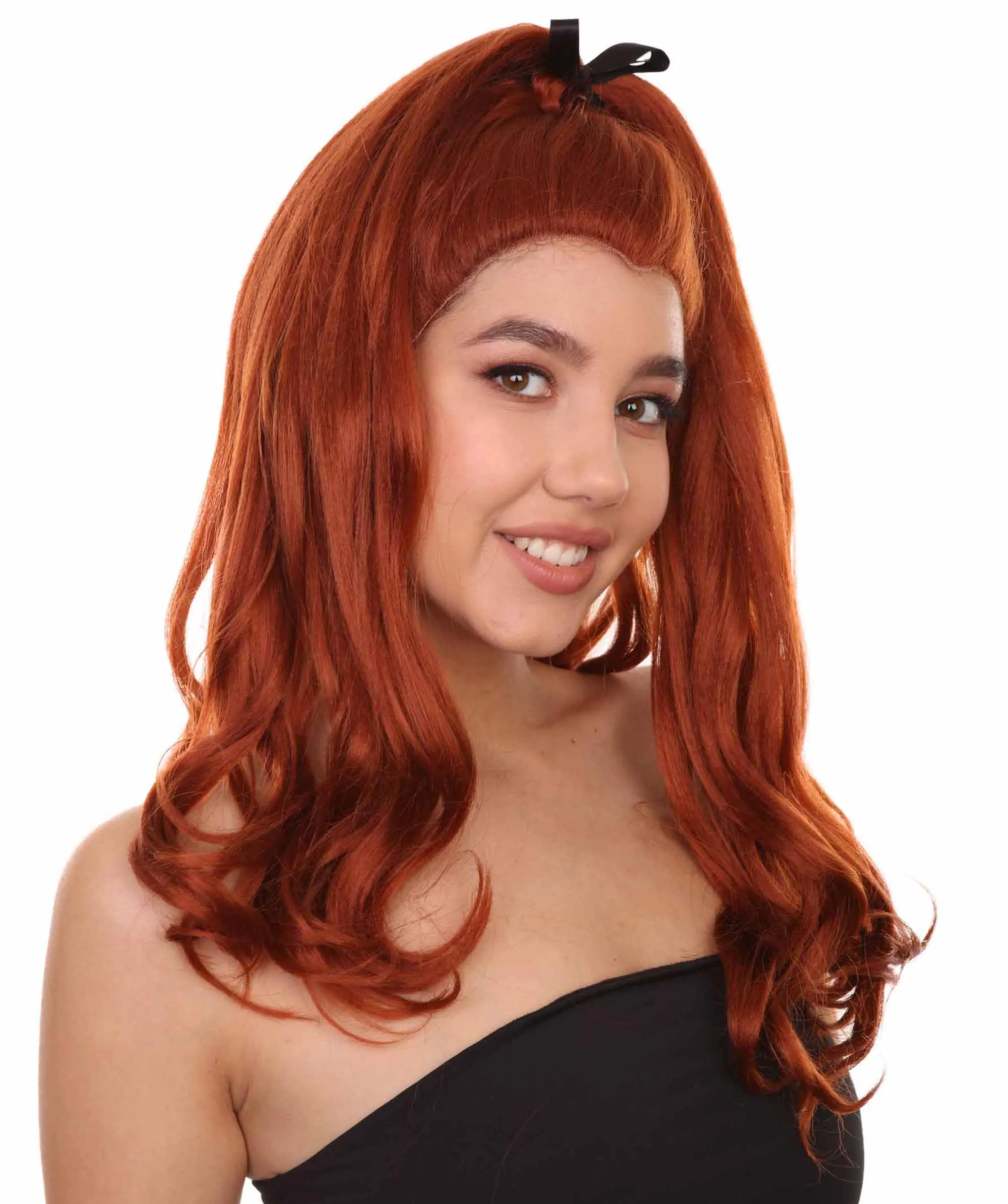 Adult Women's 20" Inch Long Length Wavy 360 Lace Front Natural Red Head Hairline Wig with Black Hair-Bow, 100% Heat Resistant Fibers, Perfect for your Everyday Wear and Styling to your Expectations! | Nunique