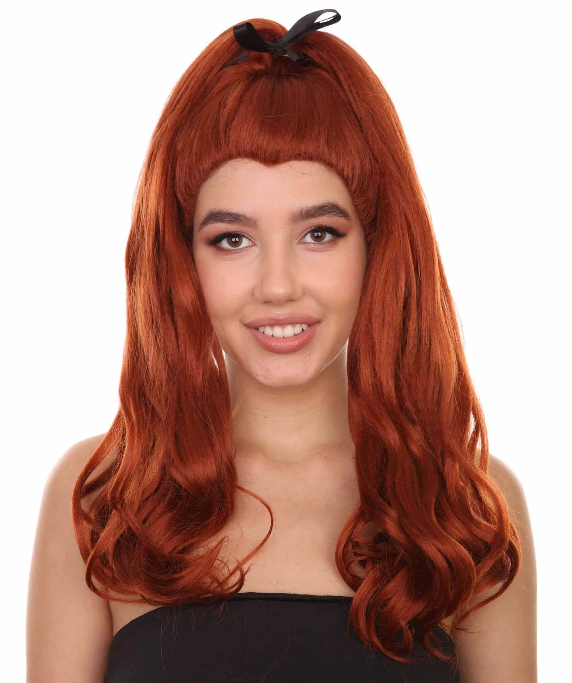 Adult Women's 20" Inch Long Length Wavy 360 Lace Front Natural Red Head Hairline Wig with Black Hair-Bow, 100% Heat Resistant Fibers, Perfect for your Everyday Wear and Styling to your Expectations! | Nunique