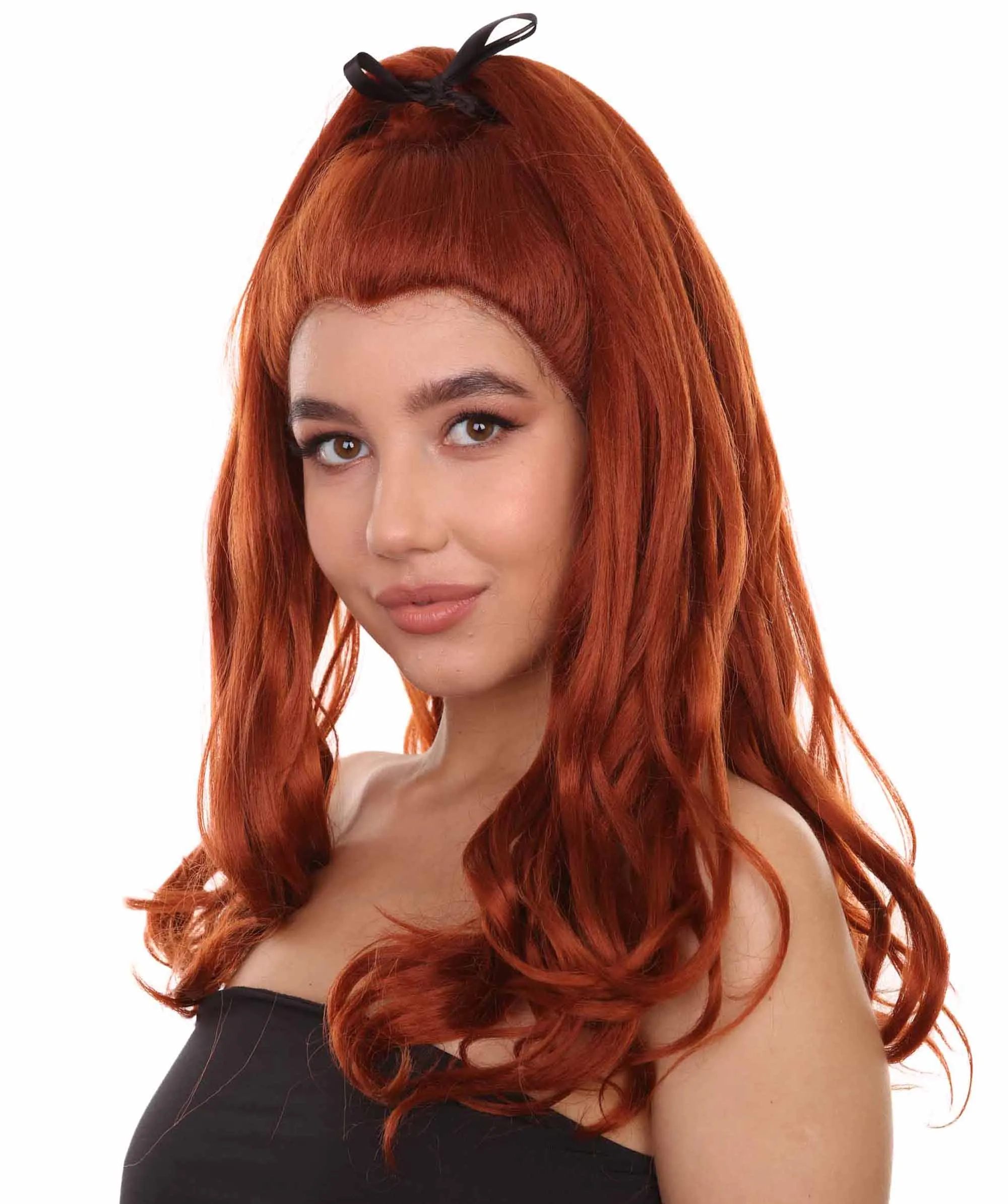 Adult Women's 20" Inch Long Length Wavy 360 Lace Front Natural Red Head Hairline Wig with Black Hair-Bow, 100% Heat Resistant Fibers, Perfect for your Everyday Wear and Styling to your Expectations! | Nunique