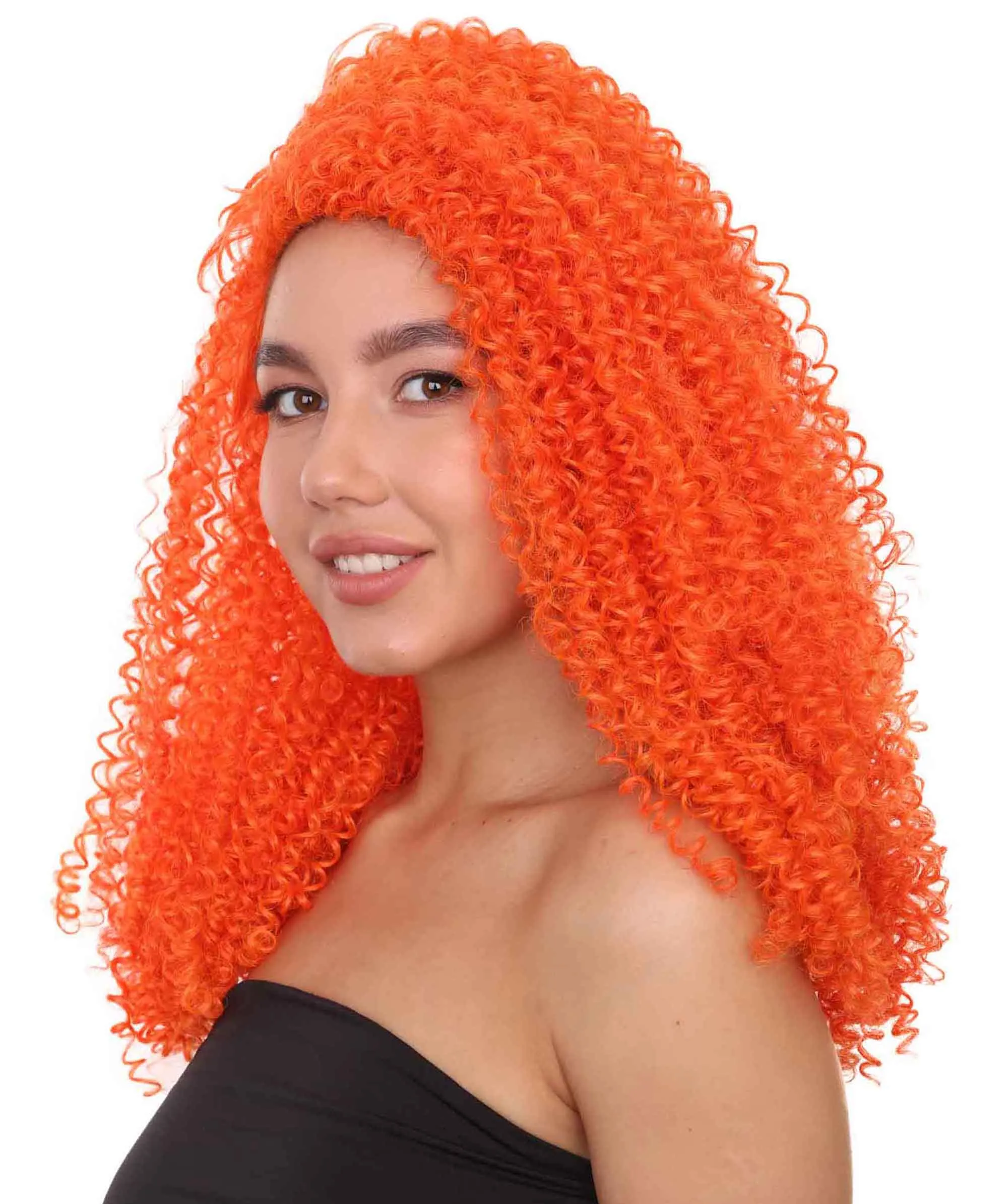 Adult Women's 22" Inch Long Length Curly Halloween Cosplay Queen of Drag Fierce Orange Costume Wig, Synthetic Soft Fiber Hair, Capless Cap Design for Comfort | HPO