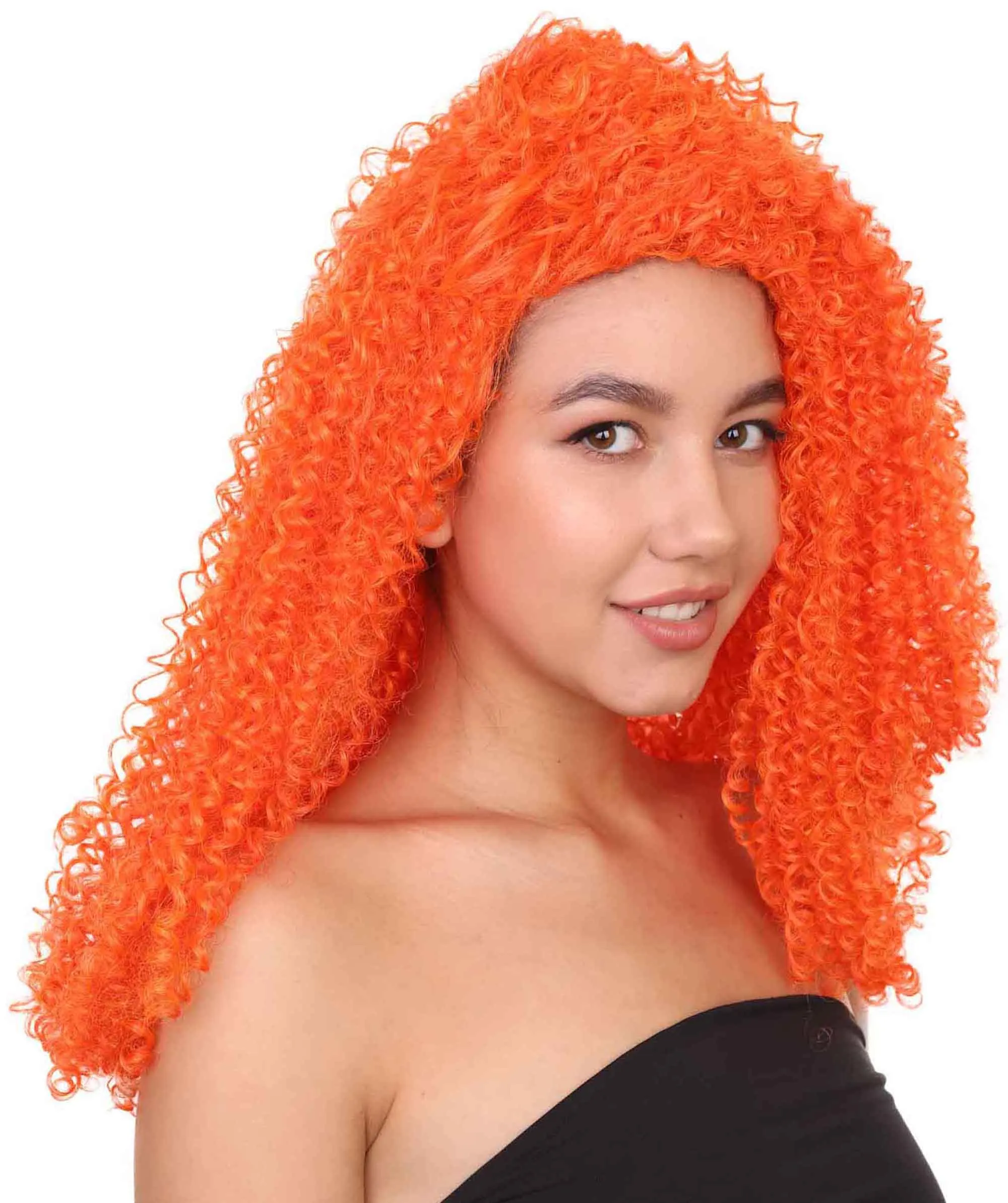 Adult Women's 22" Inch Long Length Curly Halloween Cosplay Queen of Drag Fierce Orange Costume Wig, Synthetic Soft Fiber Hair, Capless Cap Design for Comfort | HPO