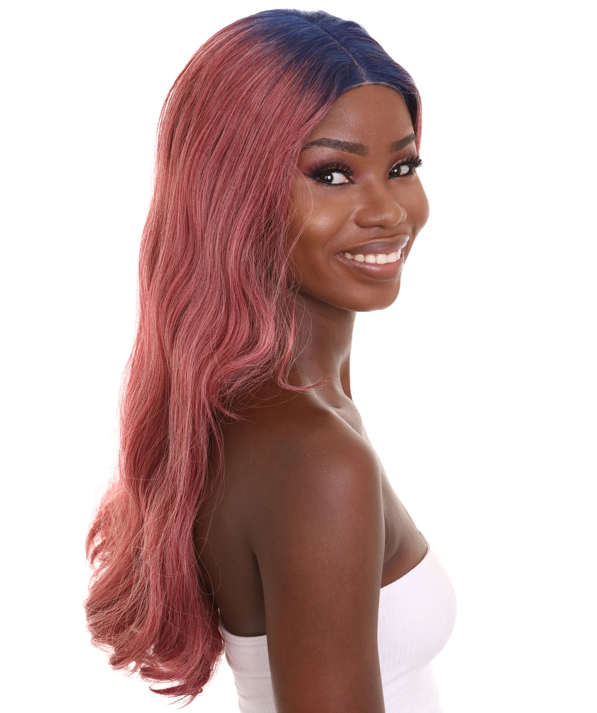Adult Women's 23" In. Hair Stylist Inspired Wig - Long Length Red Hair with Dark Blue Roots - Lace Front Heat Resistant Fibers | Nunique
