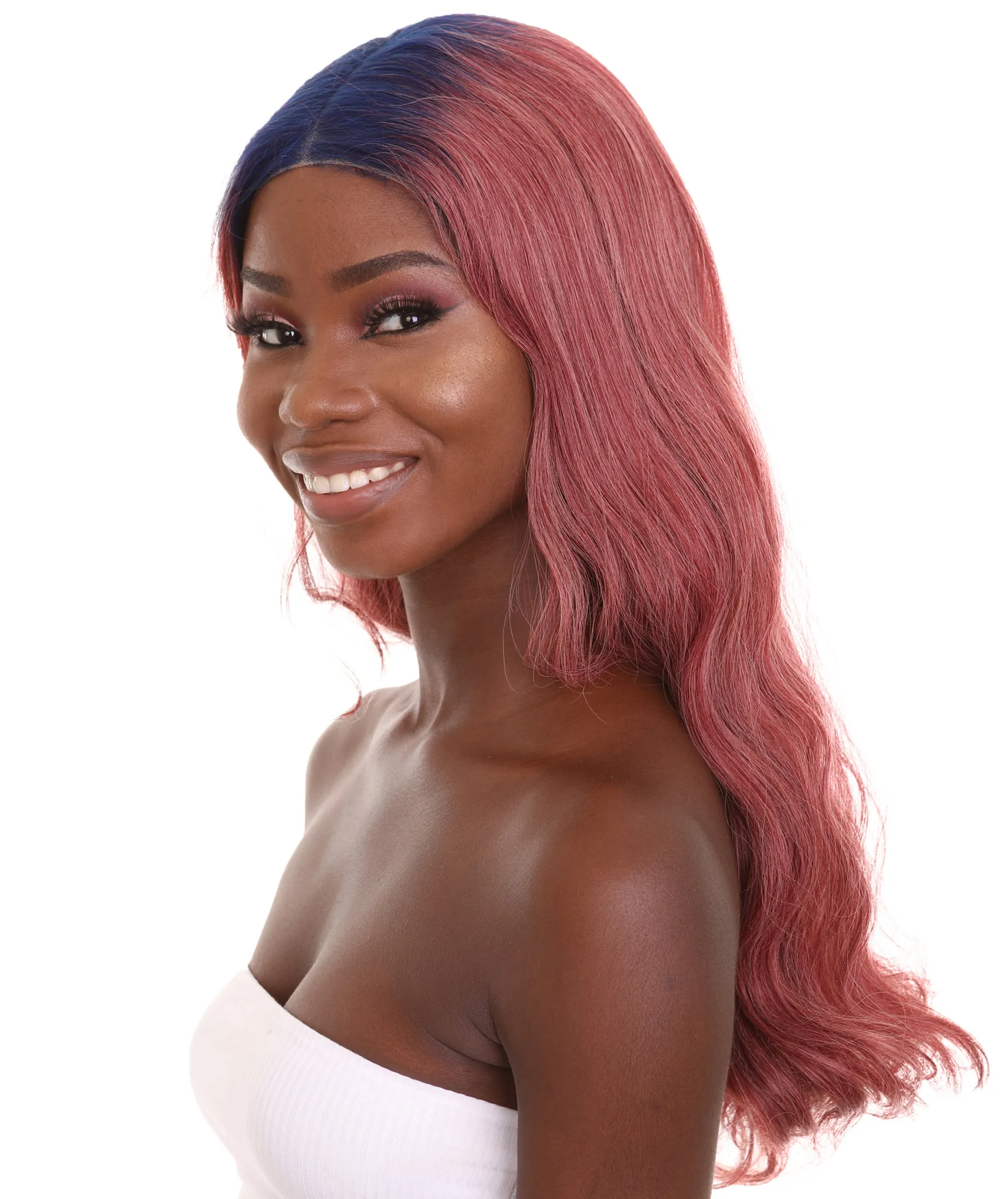 Adult Women's 23" In. Hair Stylist Inspired Wig - Long Length Red Hair with Dark Blue Roots - Lace Front Heat Resistant Fibers | Nunique