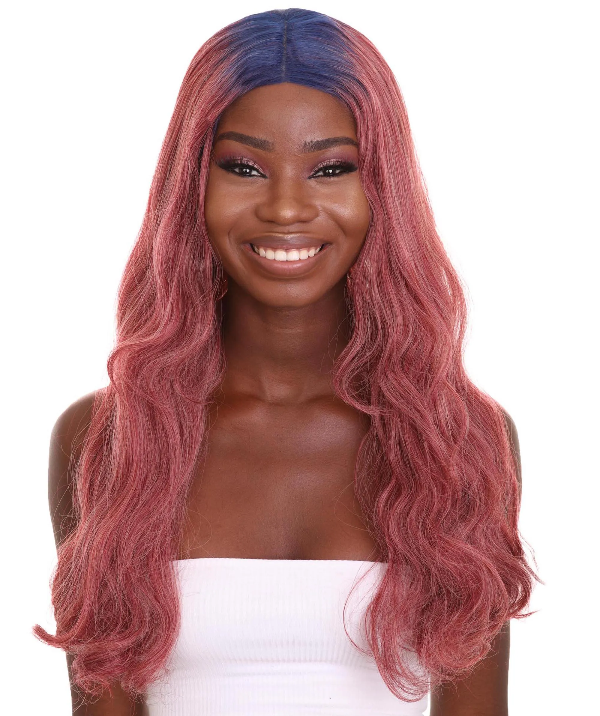 Adult Women's 23" In. Hair Stylist Inspired Wig - Long Length Red Hair with Dark Blue Roots - Lace Front Heat Resistant Fibers | Nunique