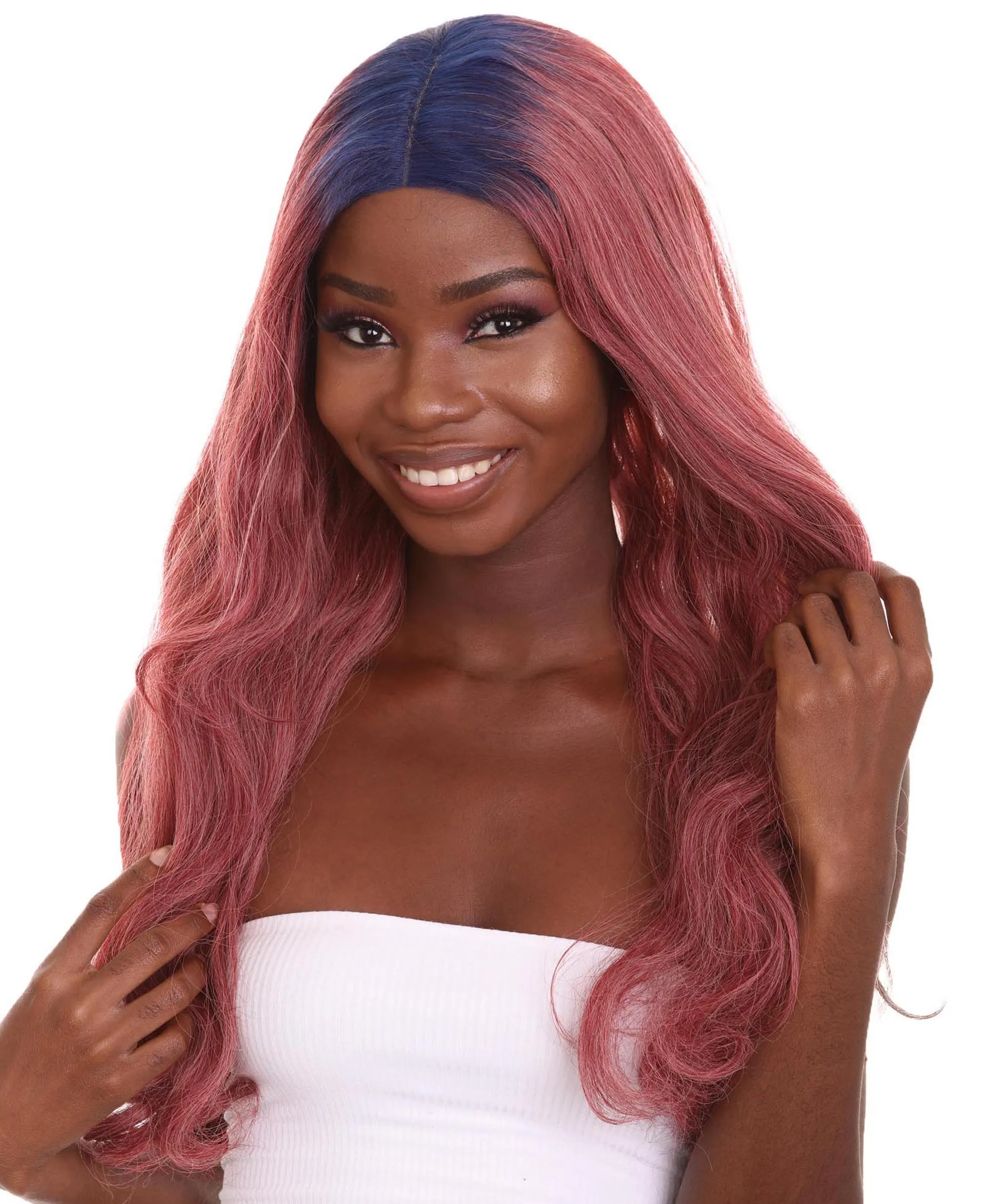 Adult Women's 23" In. Hair Stylist Inspired Wig - Long Length Red Hair with Dark Blue Roots - Lace Front Heat Resistant Fibers | Nunique