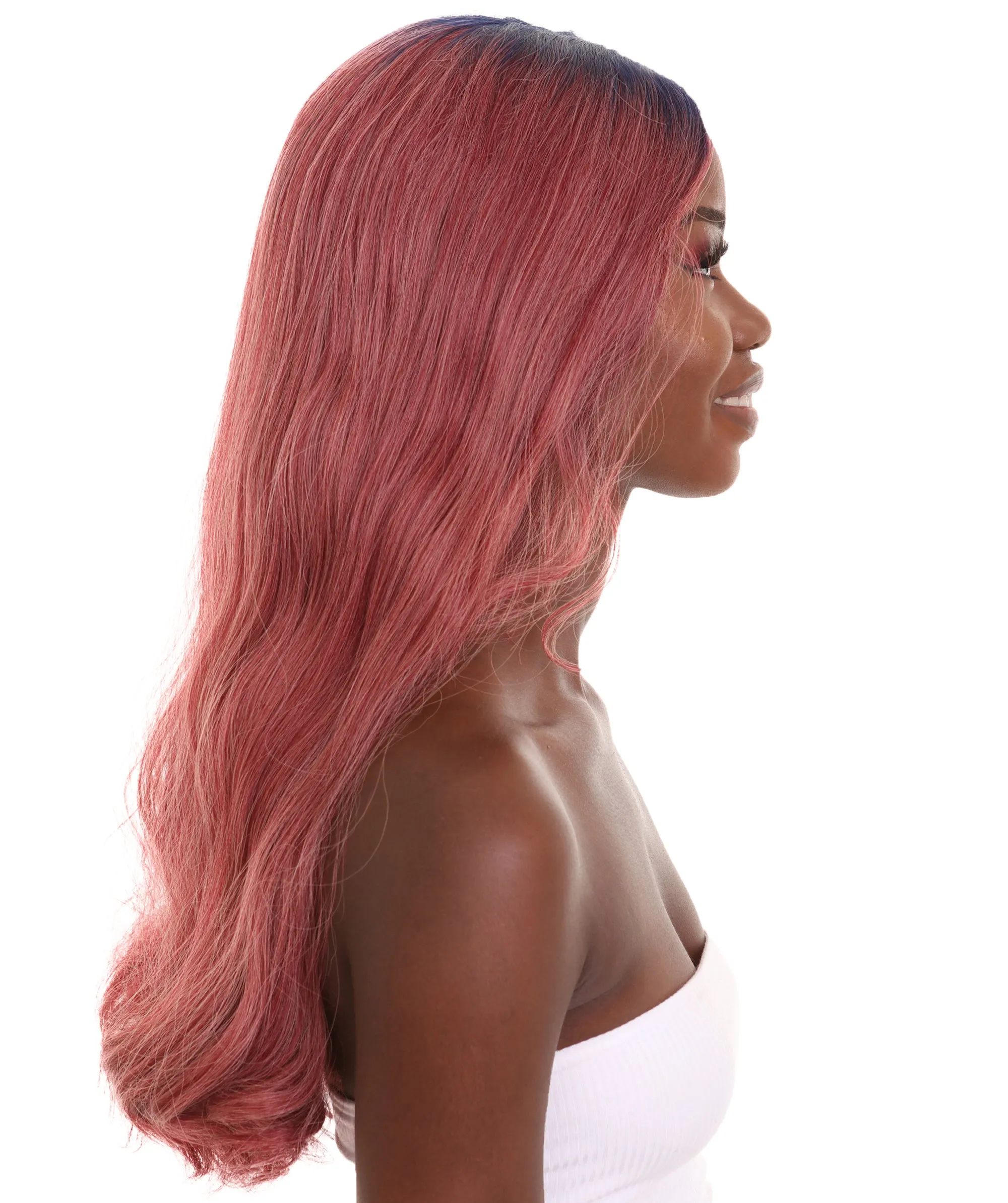 Adult Women's 23" In. Hair Stylist Inspired Wig - Long Length Red Hair with Dark Blue Roots - Lace Front Heat Resistant Fibers | Nunique