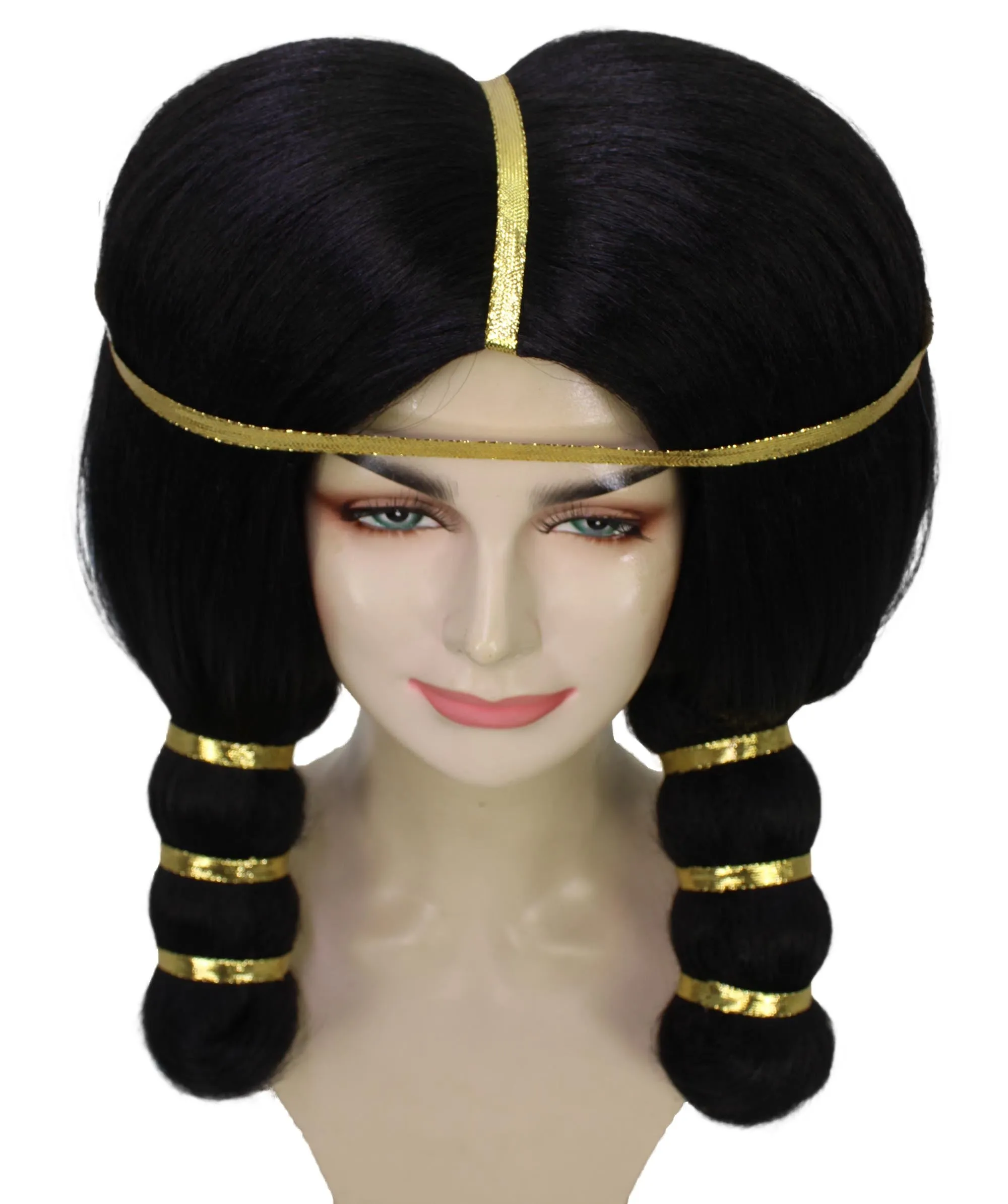 Adult Women's Ancient Egyptian Straight Black Wig with Golden Ornaments, Best for Halloween, Flame-retardant Synthetic Materials