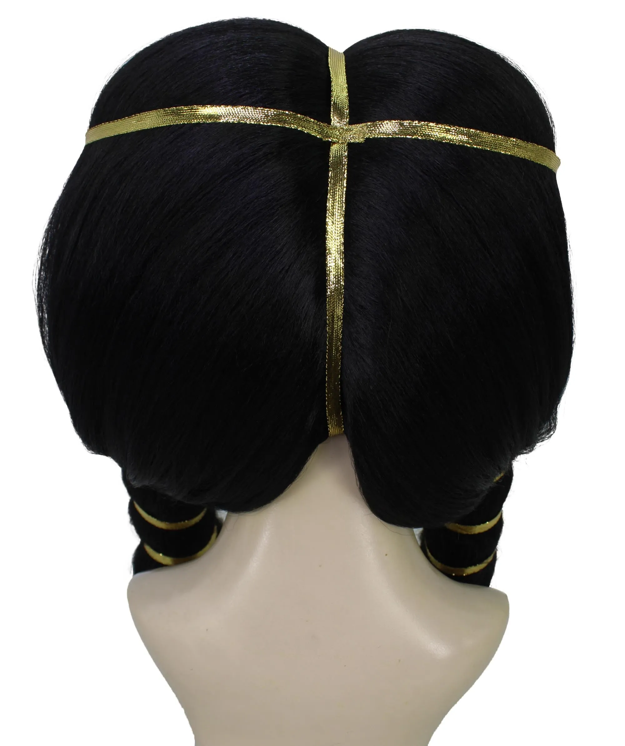 Adult Women's Ancient Egyptian Straight Black Wig with Golden Ornaments, Best for Halloween, Flame-retardant Synthetic Materials