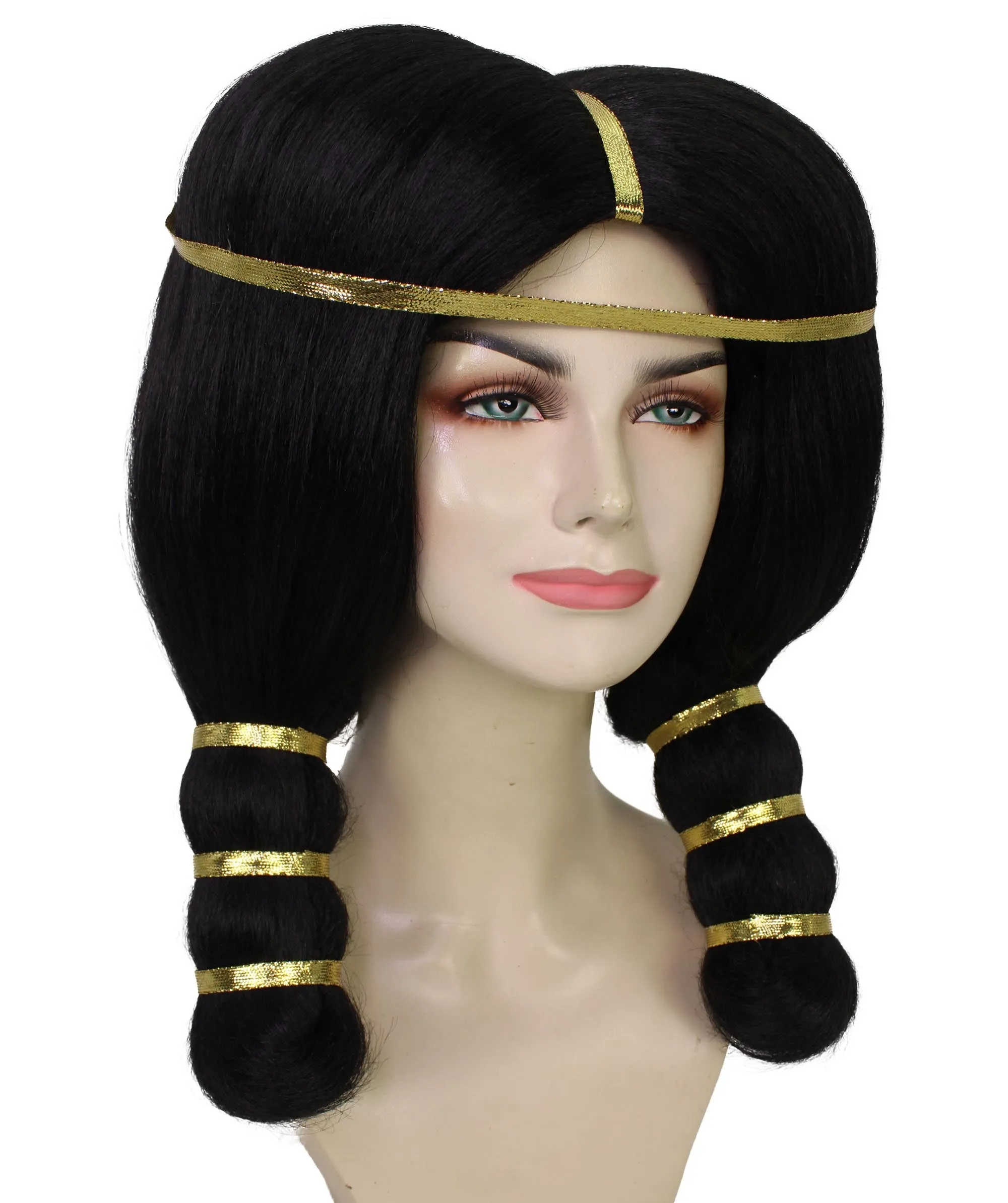 Adult Women's Ancient Egyptian Straight Black Wig with Golden Ornaments, Best for Halloween, Flame-retardant Synthetic Materials