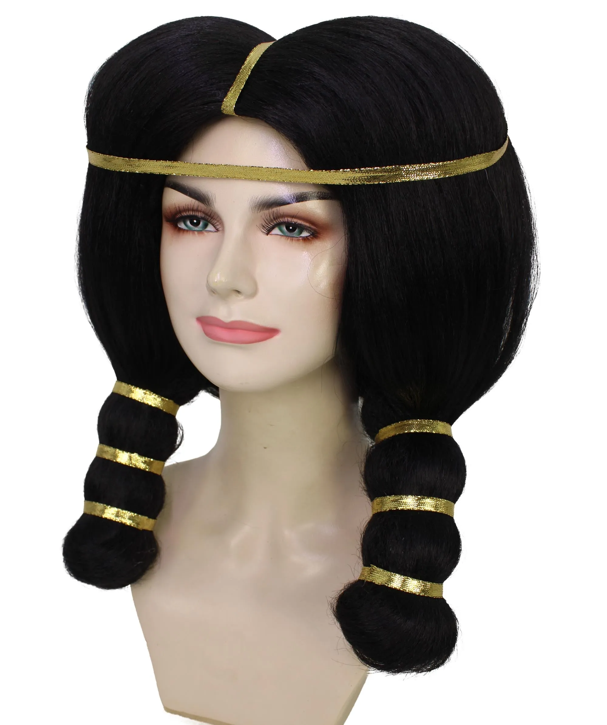 Adult Women's Ancient Egyptian Straight Black Wig with Golden Ornaments, Best for Halloween, Flame-retardant Synthetic Materials