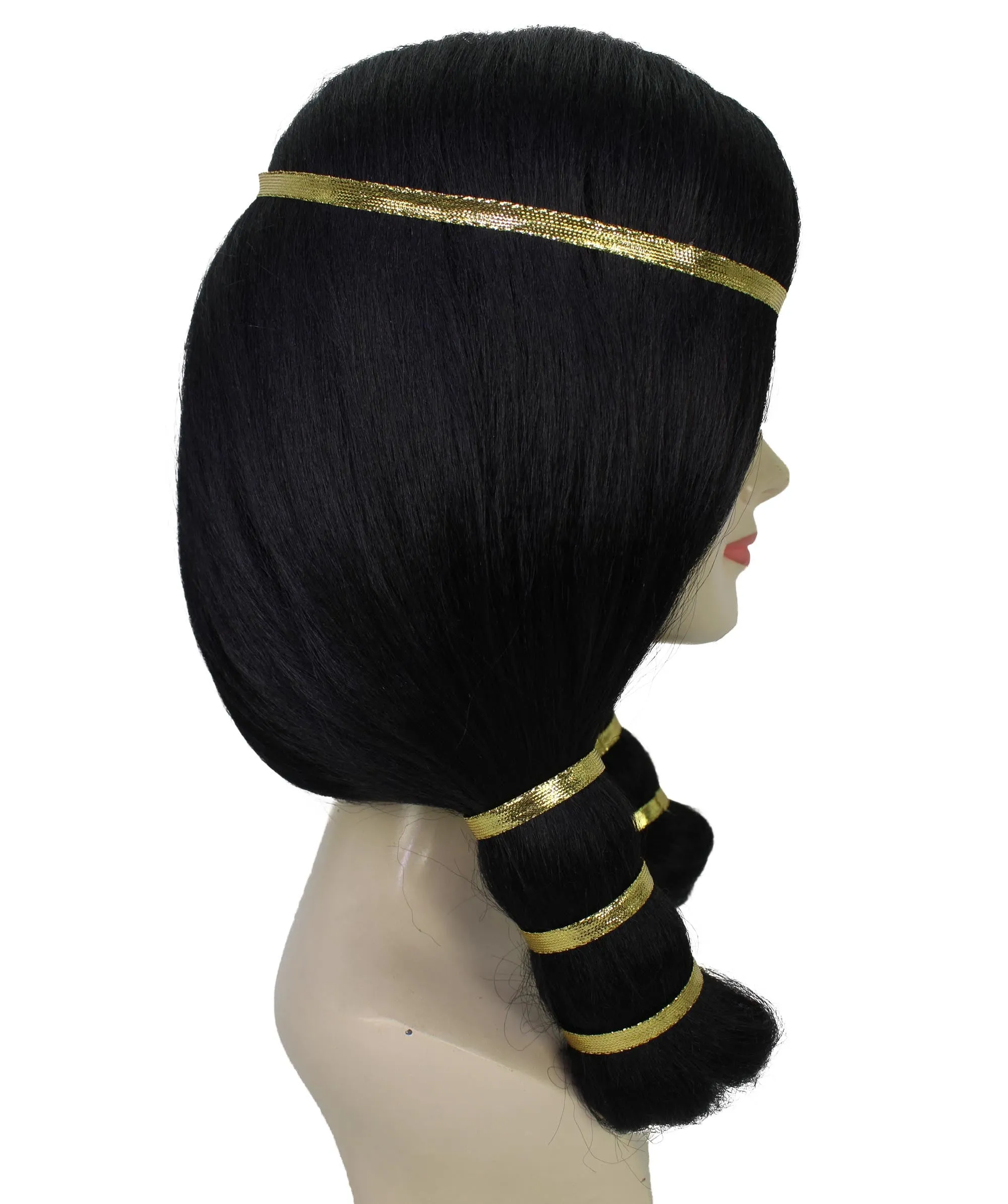 Adult Women's Ancient Egyptian Straight Black Wig with Golden Ornaments, Best for Halloween, Flame-retardant Synthetic Materials