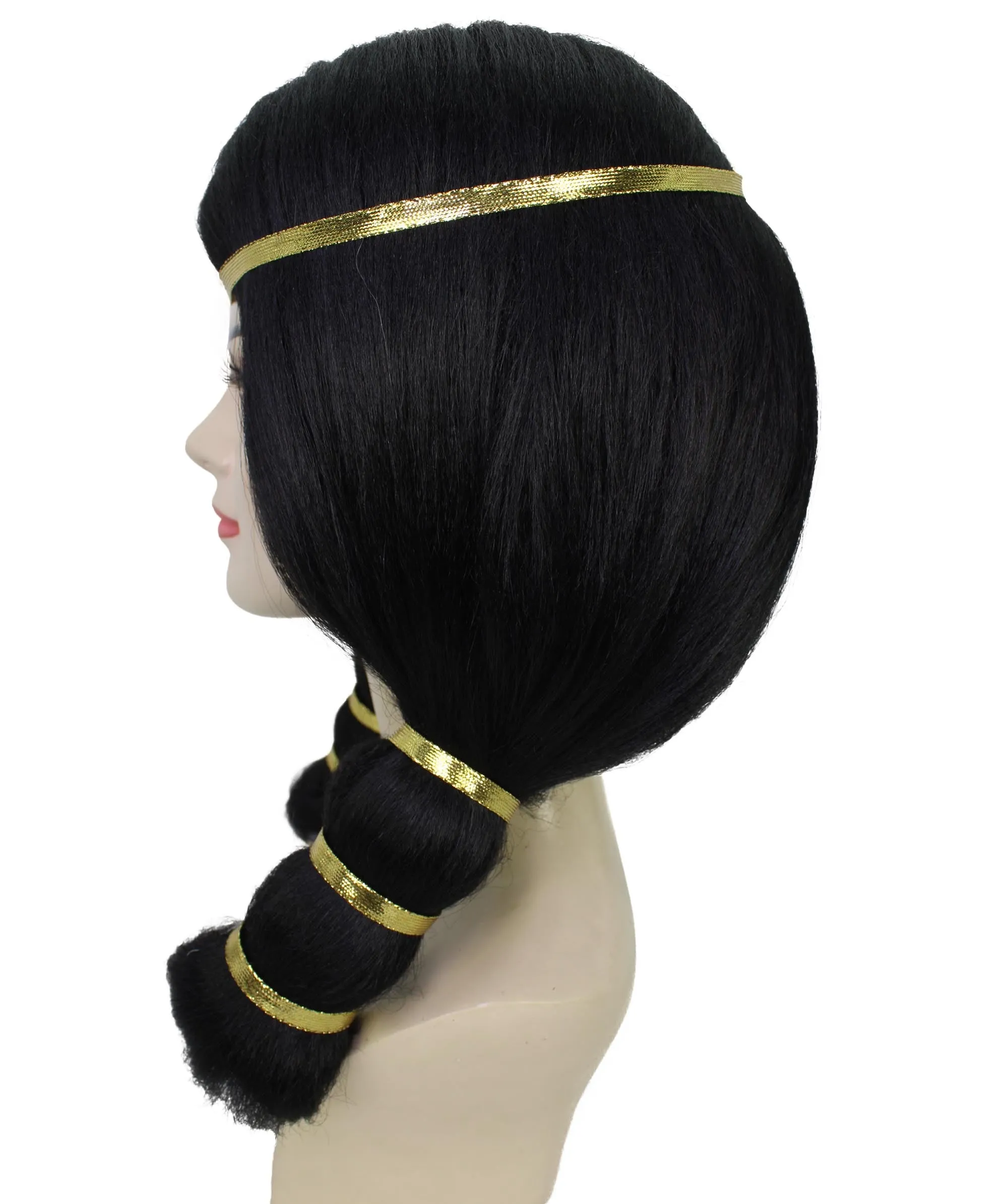 Adult Women's Ancient Egyptian Straight Black Wig with Golden Ornaments, Best for Halloween, Flame-retardant Synthetic Materials