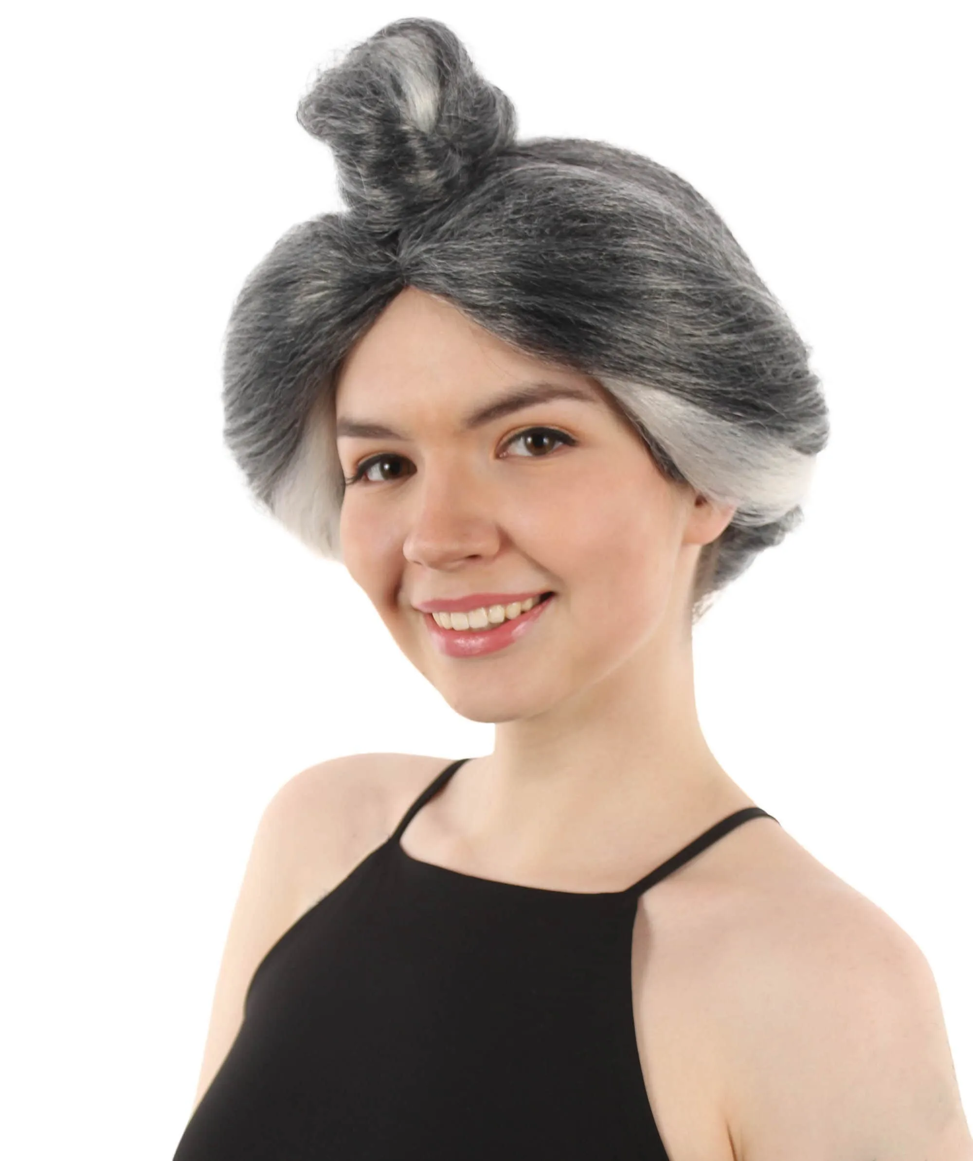 Adult Women’s Animated Movie Female Chinese Mother Graying Bun Wig, Perfect for Halloween, Flame-retardant Synthetic Fiber