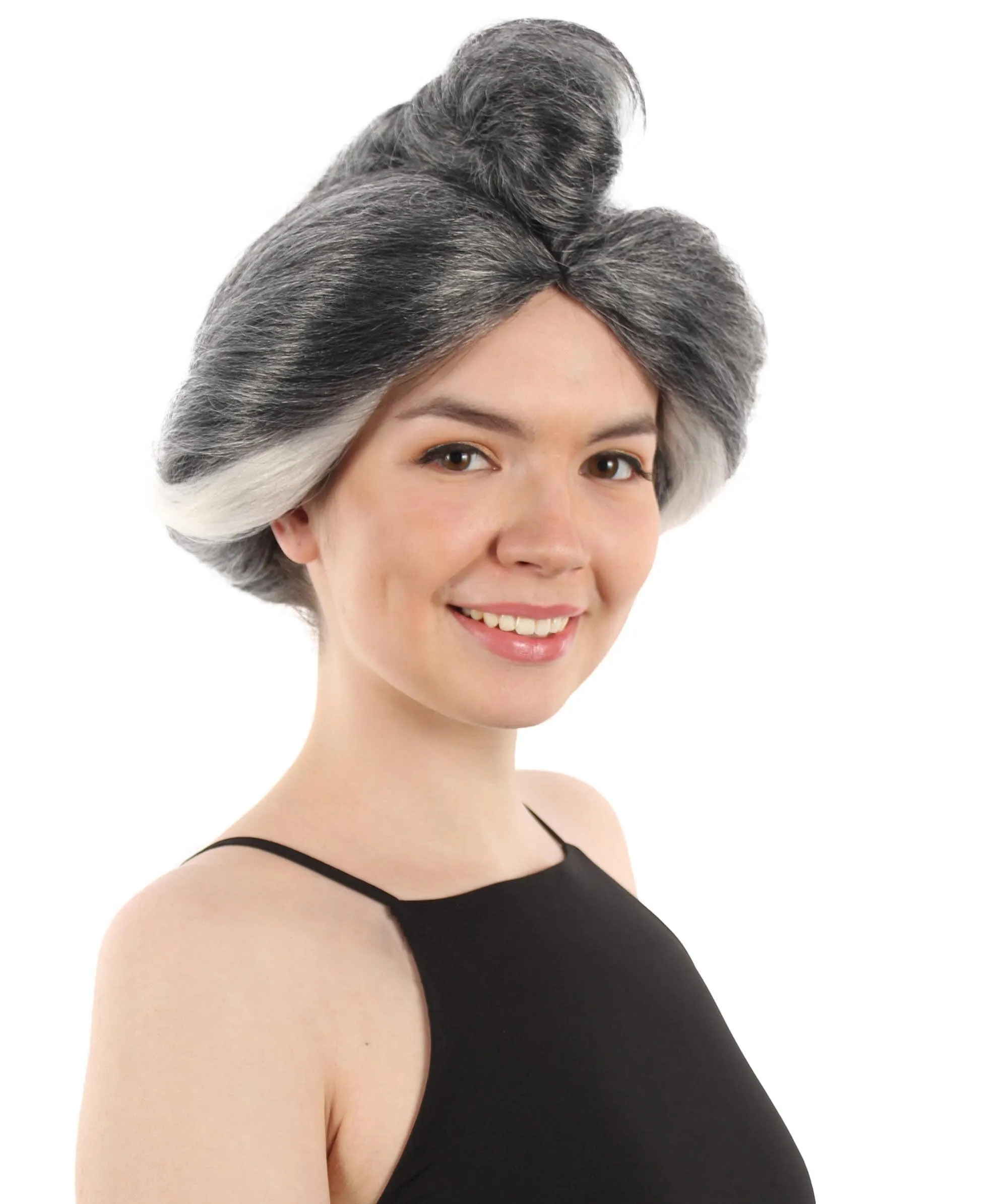 Adult Women’s Animated Movie Female Chinese Mother Graying Bun Wig, Perfect for Halloween, Flame-retardant Synthetic Fiber