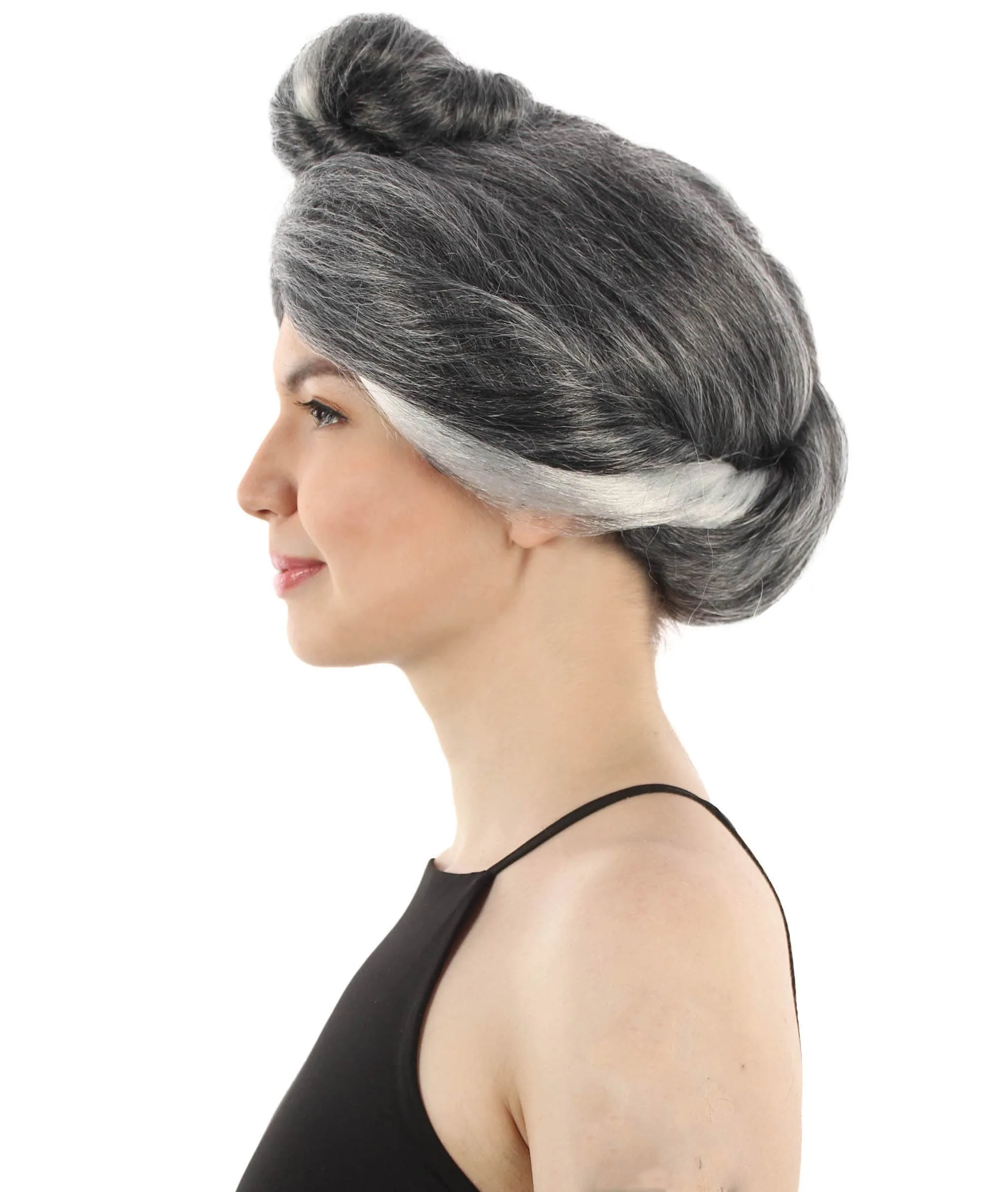 Adult Women’s Animated Movie Female Chinese Mother Graying Bun Wig, Perfect for Halloween, Flame-retardant Synthetic Fiber