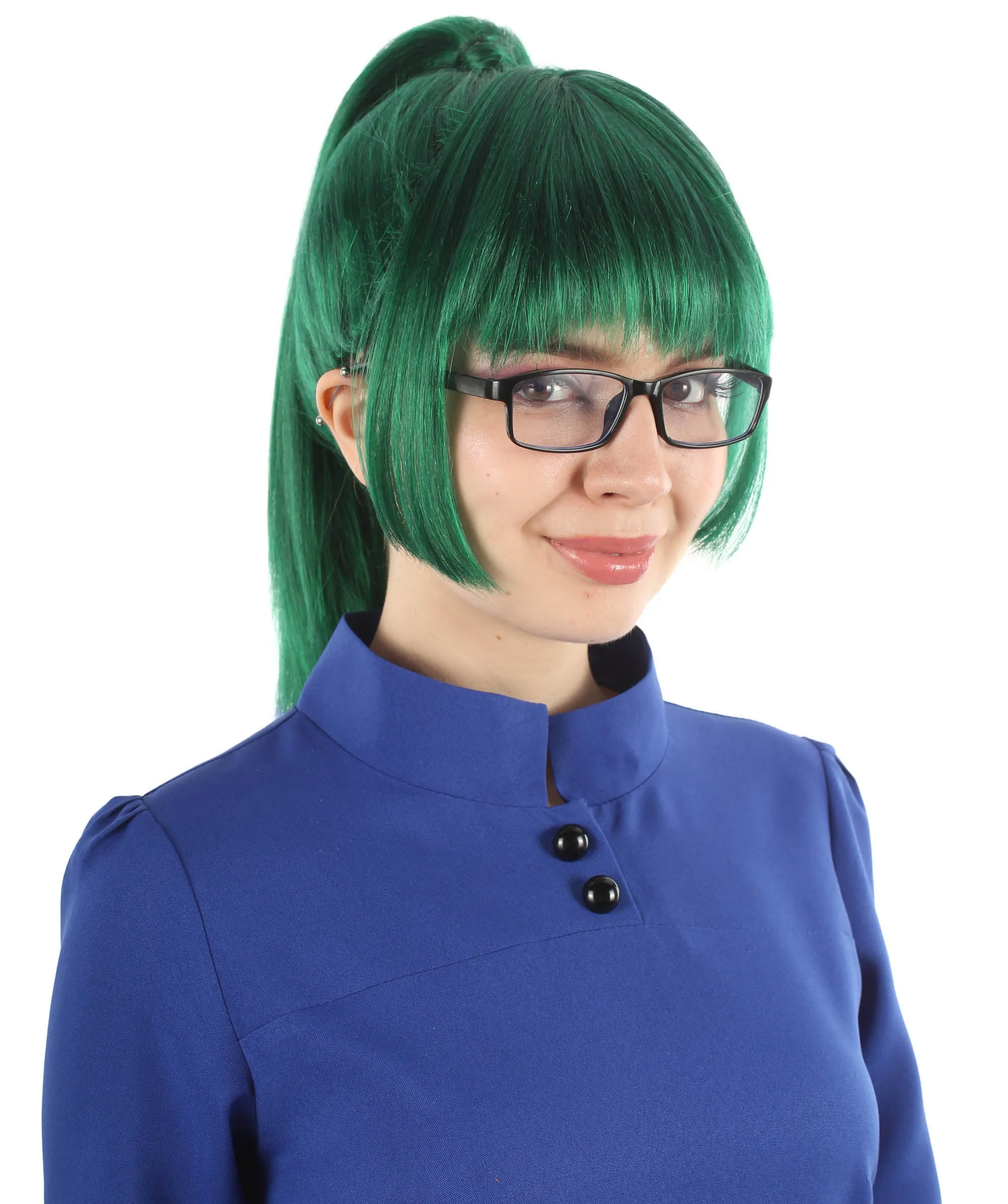 Adult Women’s Anime Dark Green Maki Ponytail Wig with Bangs | Perfect for Halloween and Anime-themed Group Parties | Flame-retardant Synthetic Fiber